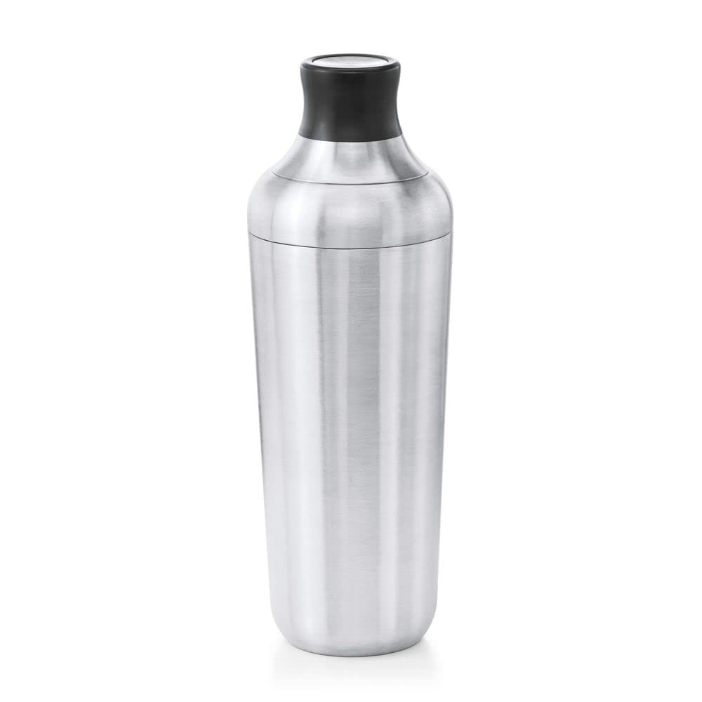 OXO front view of stainless cocktail shaker showing sleek silhouette and durable finish