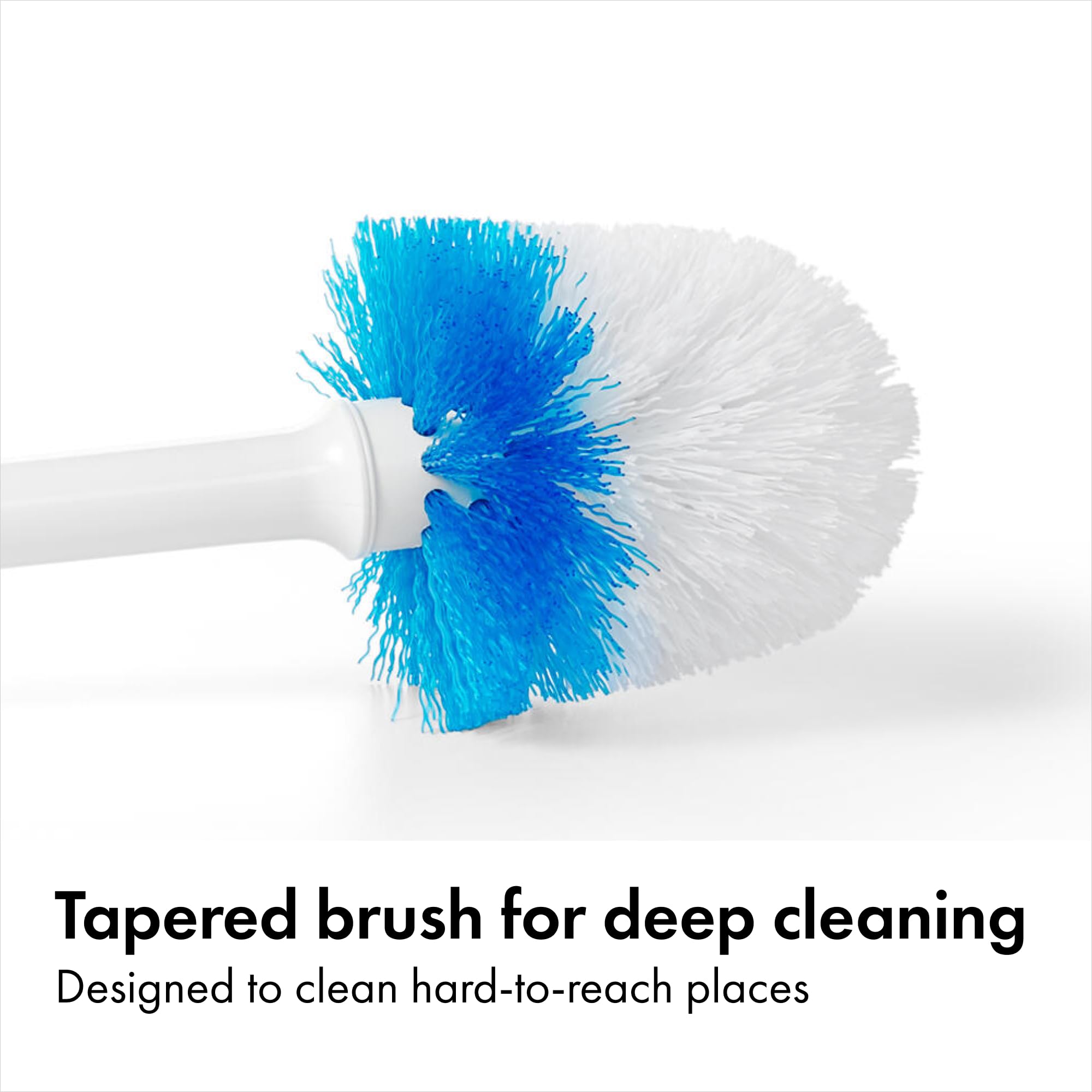 OXO tapered brush head close-up reaching under the rim effectively
