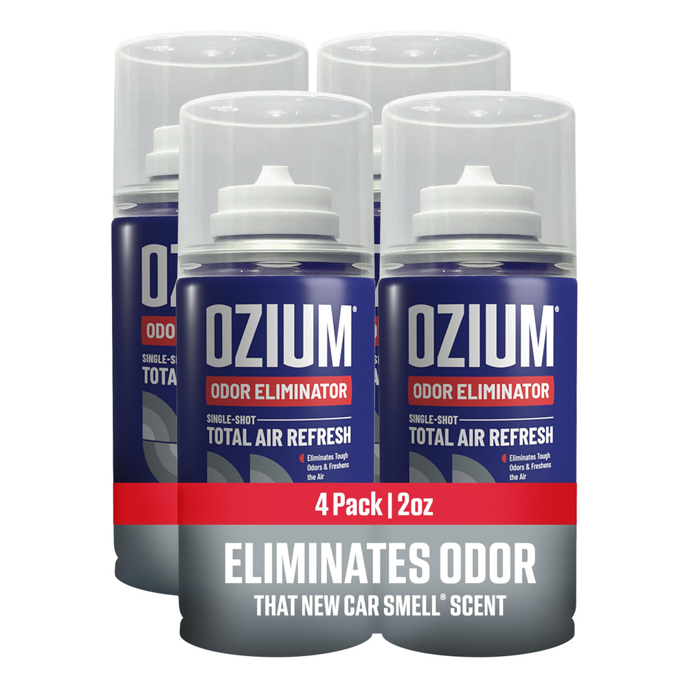 ozium car fogger front view showing compact can and new car scent benefit