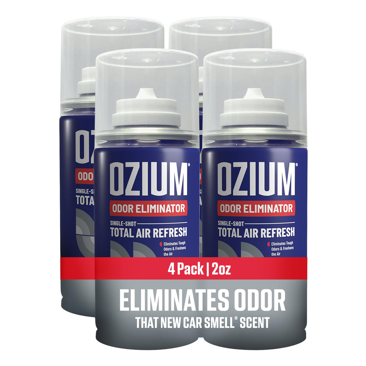 ozium car fogger front view showing compact can and new car scent benefit