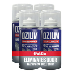 ozium car fogger front view showing compact can and new car scent benefit