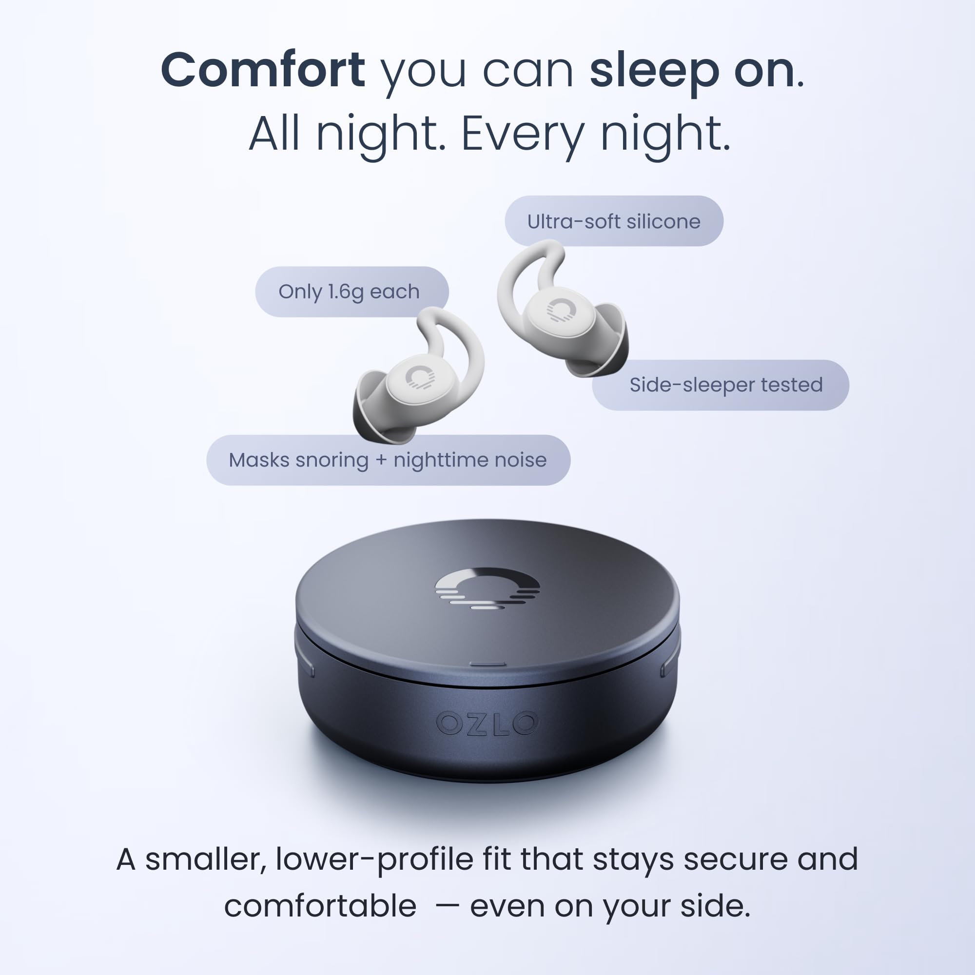 Ozlo earbud in ear on side sleeper demonstrating flush, non-protruding fit