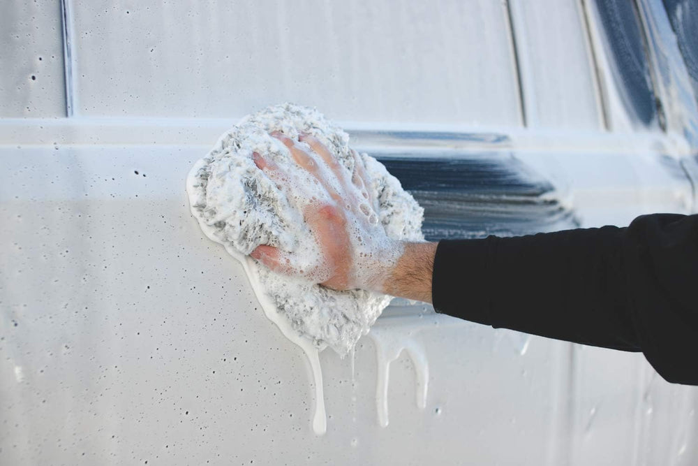 P & S PROFESSIONAL DETAIL PRODUCTS Pearl in a garage setting with detailer washing a car