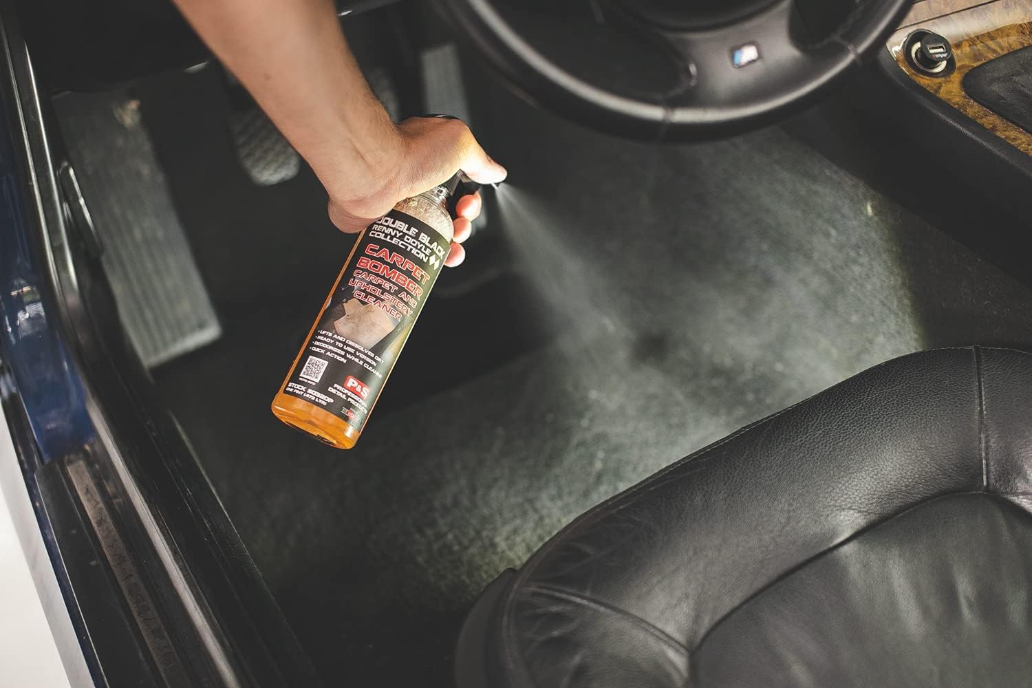 P & S Carpet Bomber being sprayed on car upholstery for fast stain removal