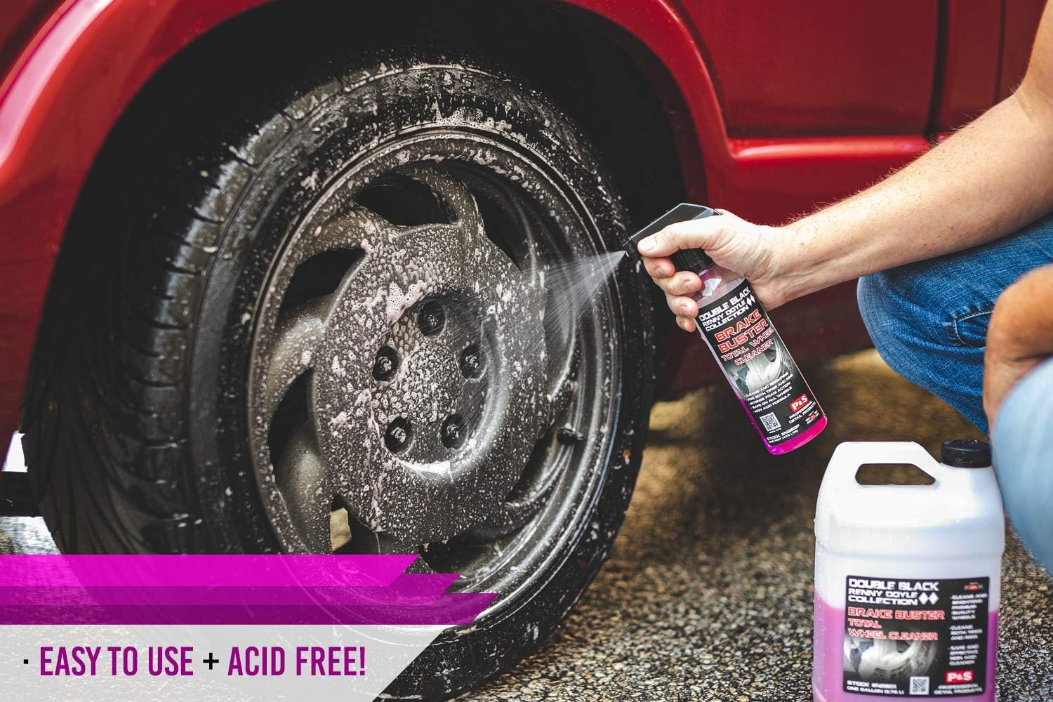 P & S Brake Buster cleaning inside wheel barrel with brush removing embedded dirt and iron