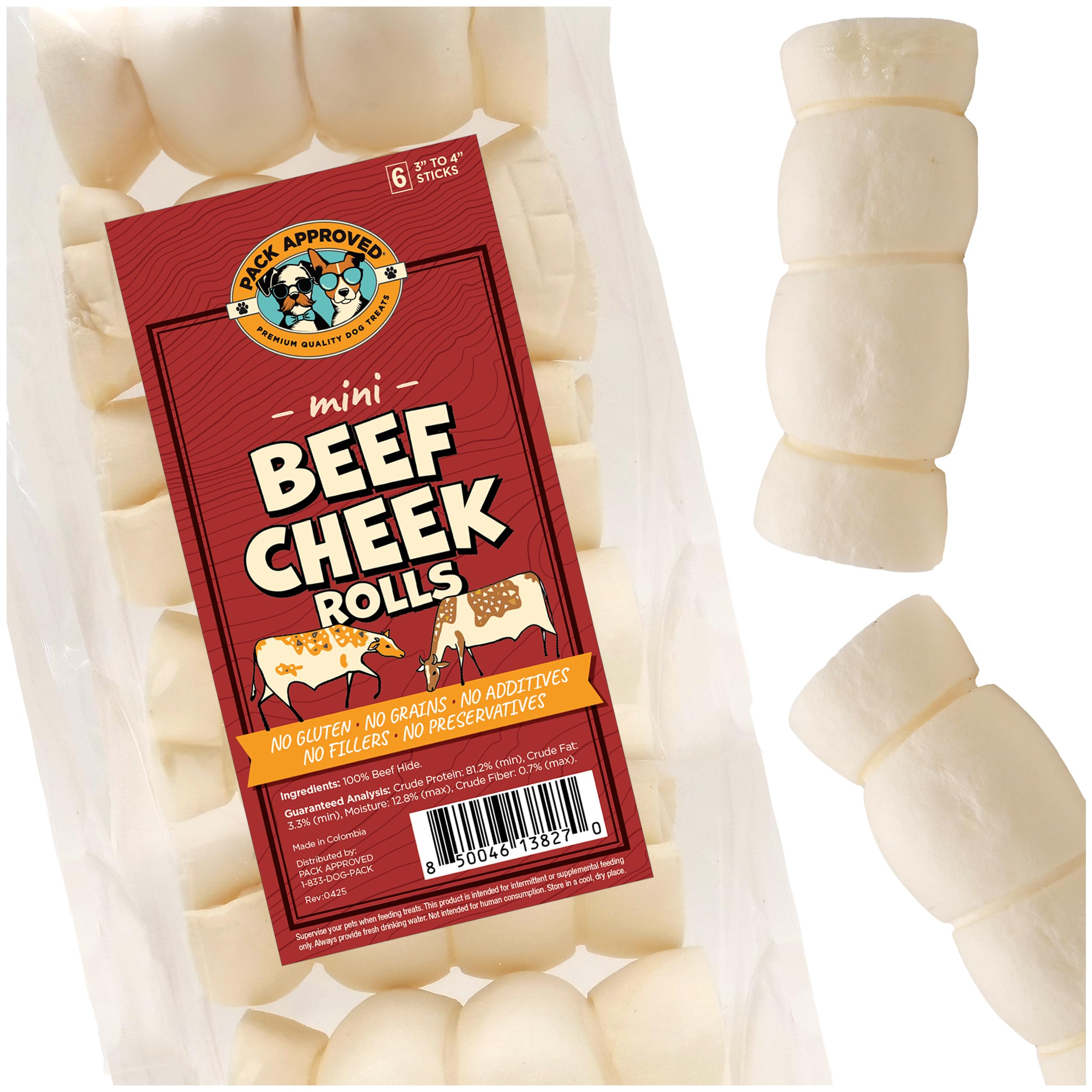 Pack Approved front packaging showing six mini beef cheek rolls for easy selection