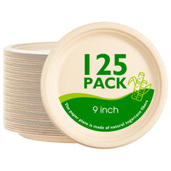 PACKINNO front packaging showing 125 compostable plates and eco benefit