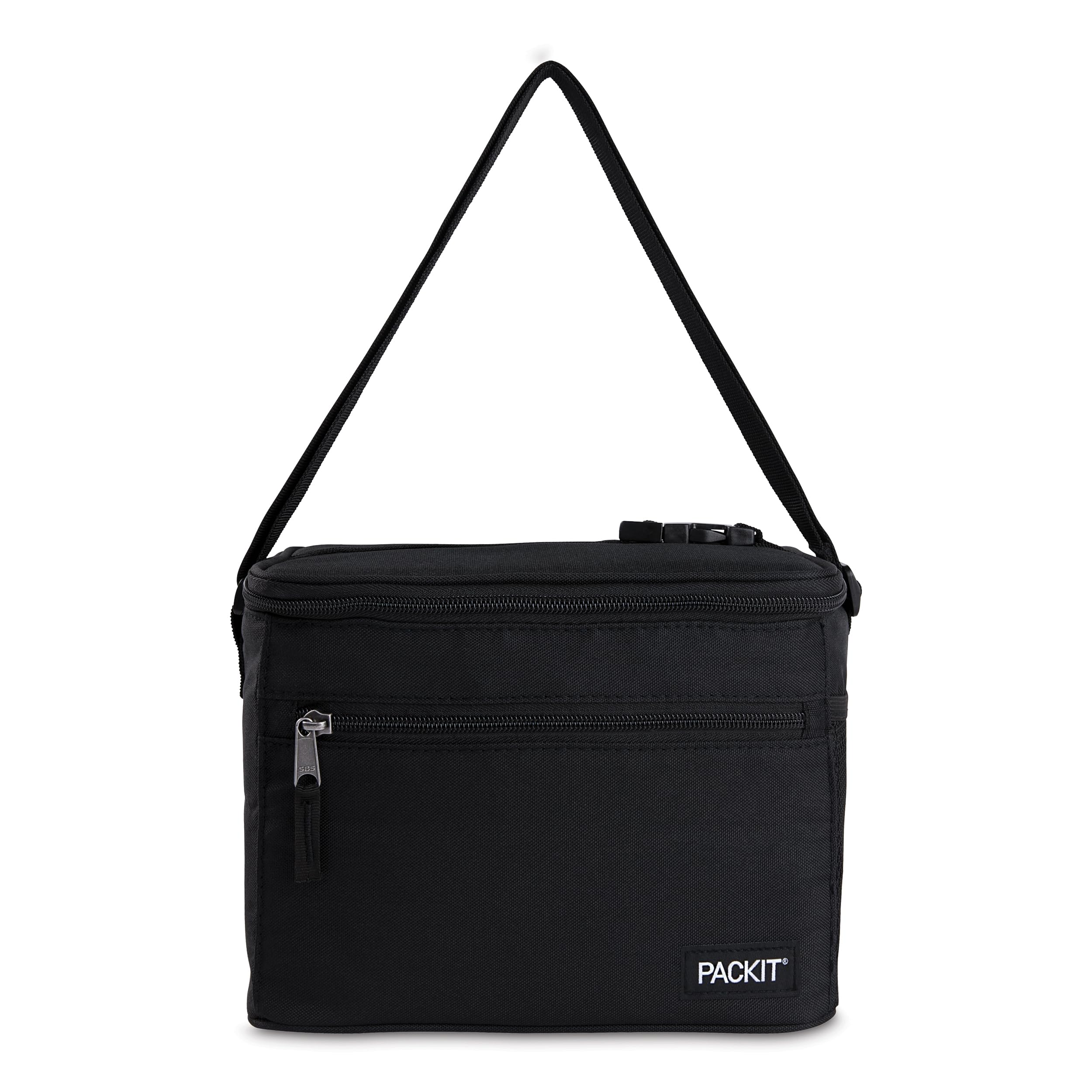PackIt Essential cooler front view in black showing compact shape and durable exterior for daily use