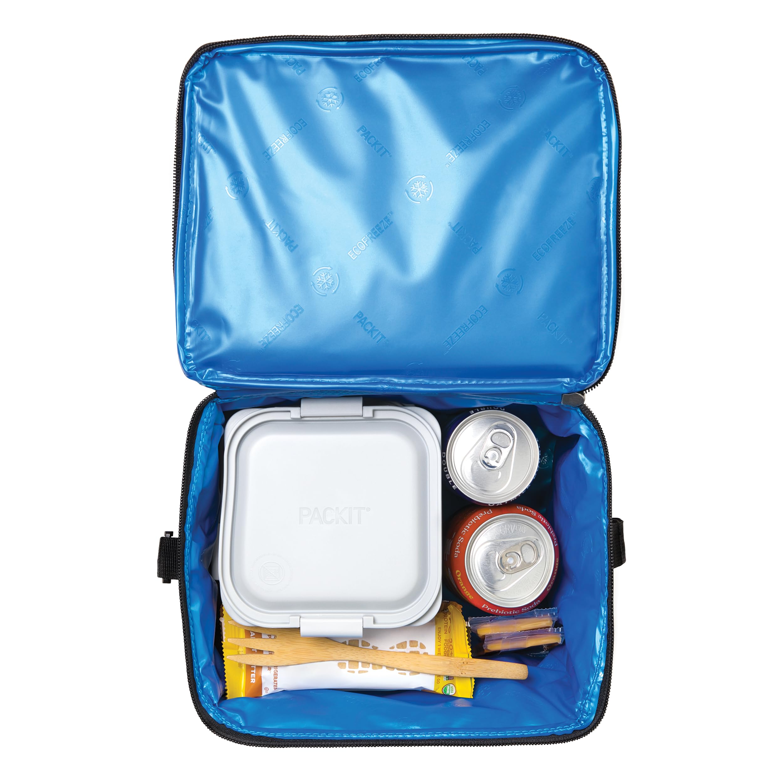 PackIt Essential next to a lunchbox and water bottle showing dimensions and packing capacity benefit