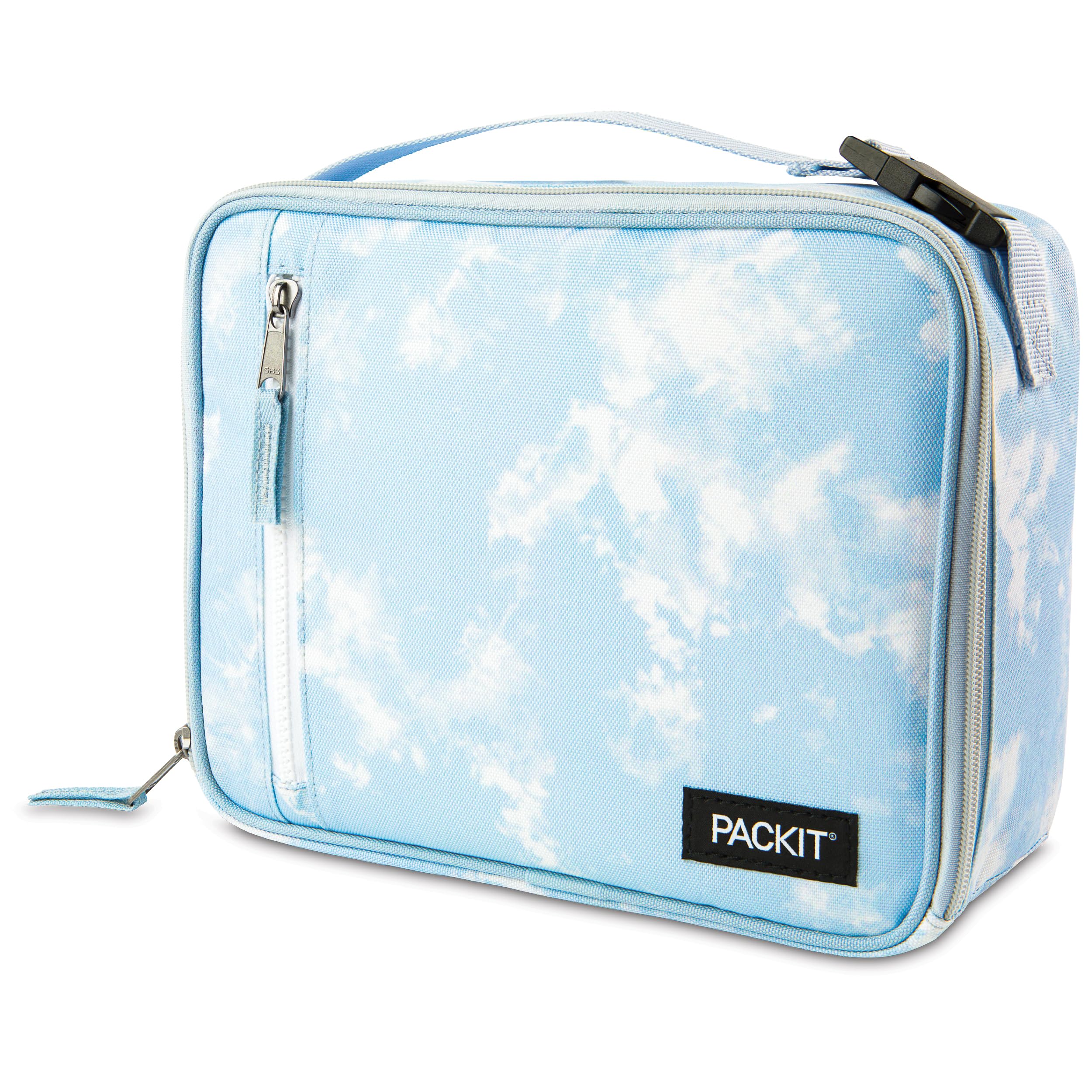 PackIt front view of Blue Sky lunch box showing compact design and attractive pattern, easy grab