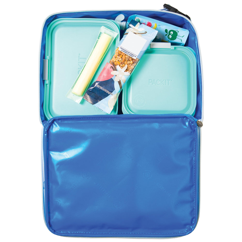 PackIt in use with school lunch inside, keeping sandwiches and snacks chilled for hours