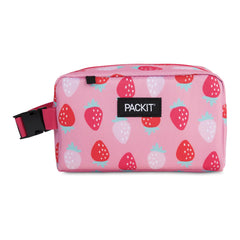 PackIt Snack Box front view showing Sweet Strawberry pattern and compact benefit