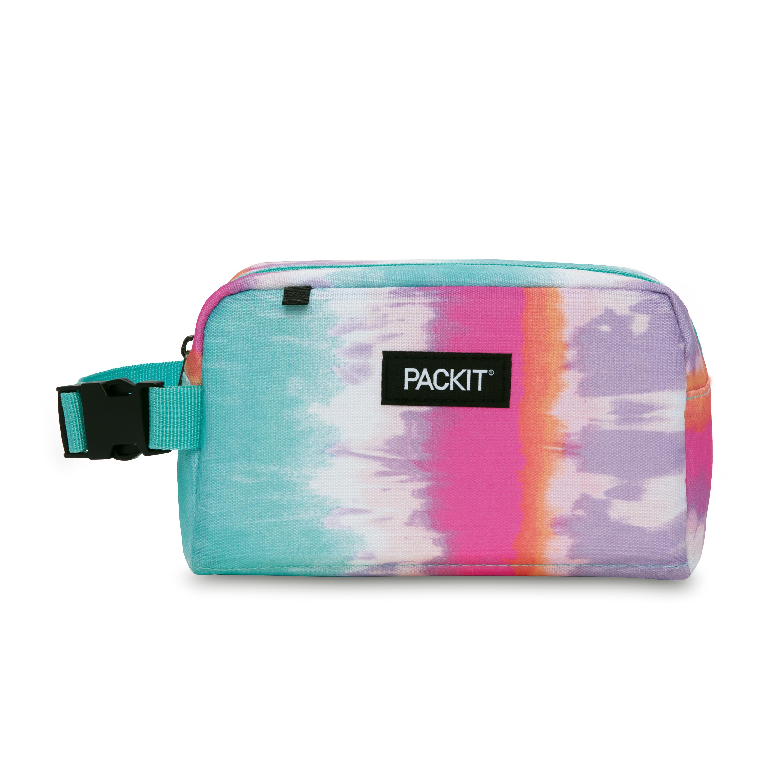 PackIt Tie Dye Sorbet front view showing vibrant pattern and zip closure, keeps snacks cold