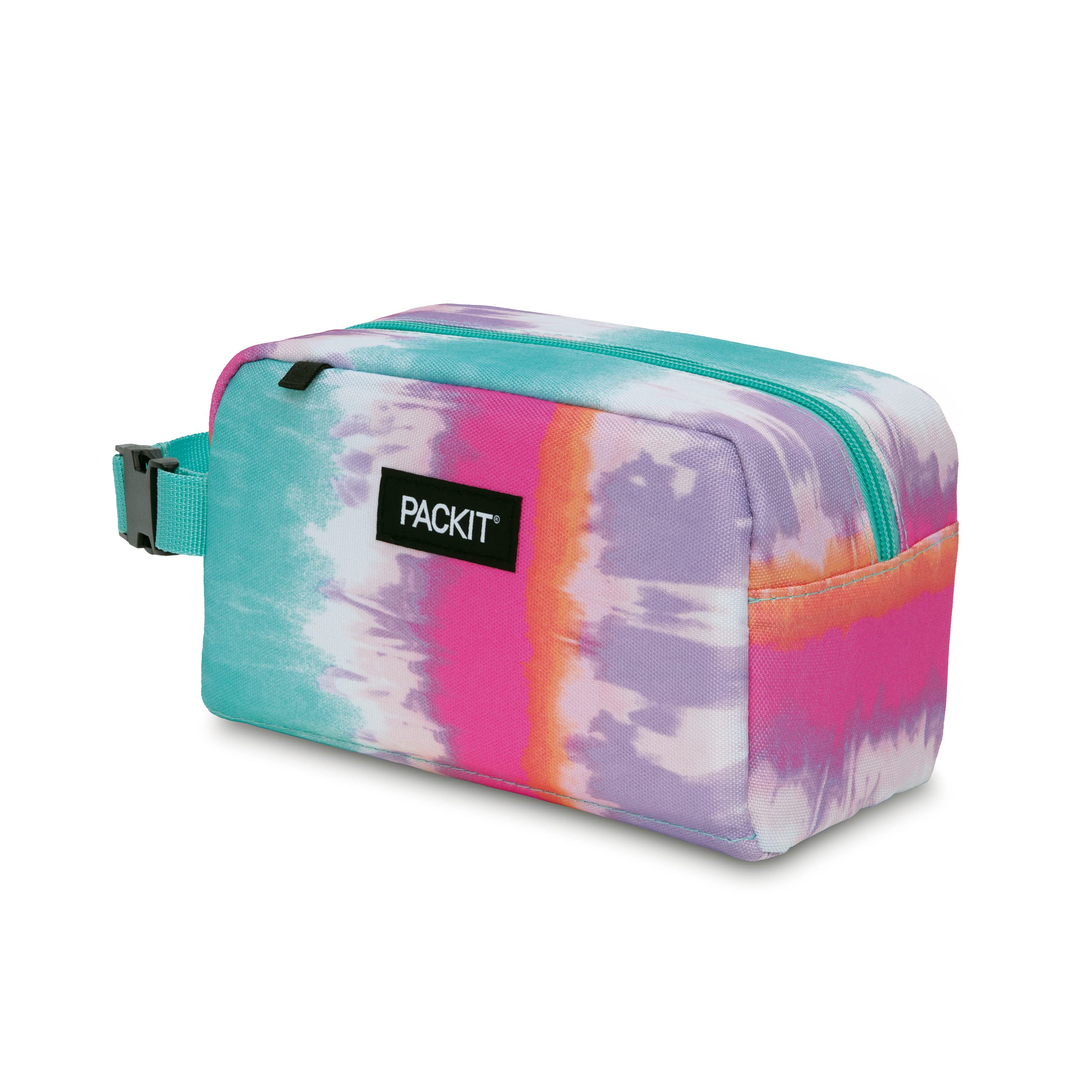 PackIt Tie Dye Sorbet interior unzipped displaying food-safe liner and roomy compartment benefits