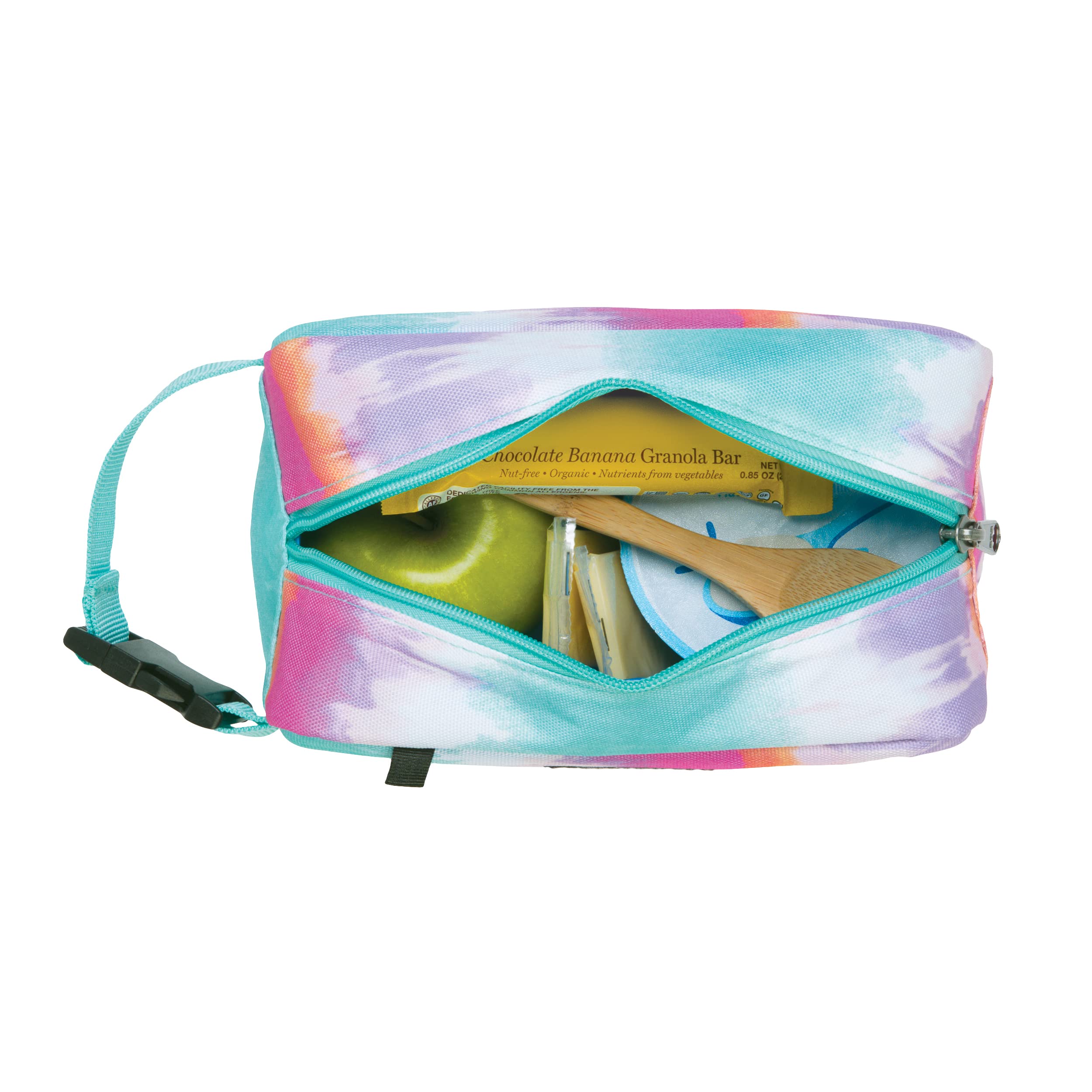 PackIt Tie Dye Sorbet with 12oz drink and fruit illustrating roomy fit and cooling capability