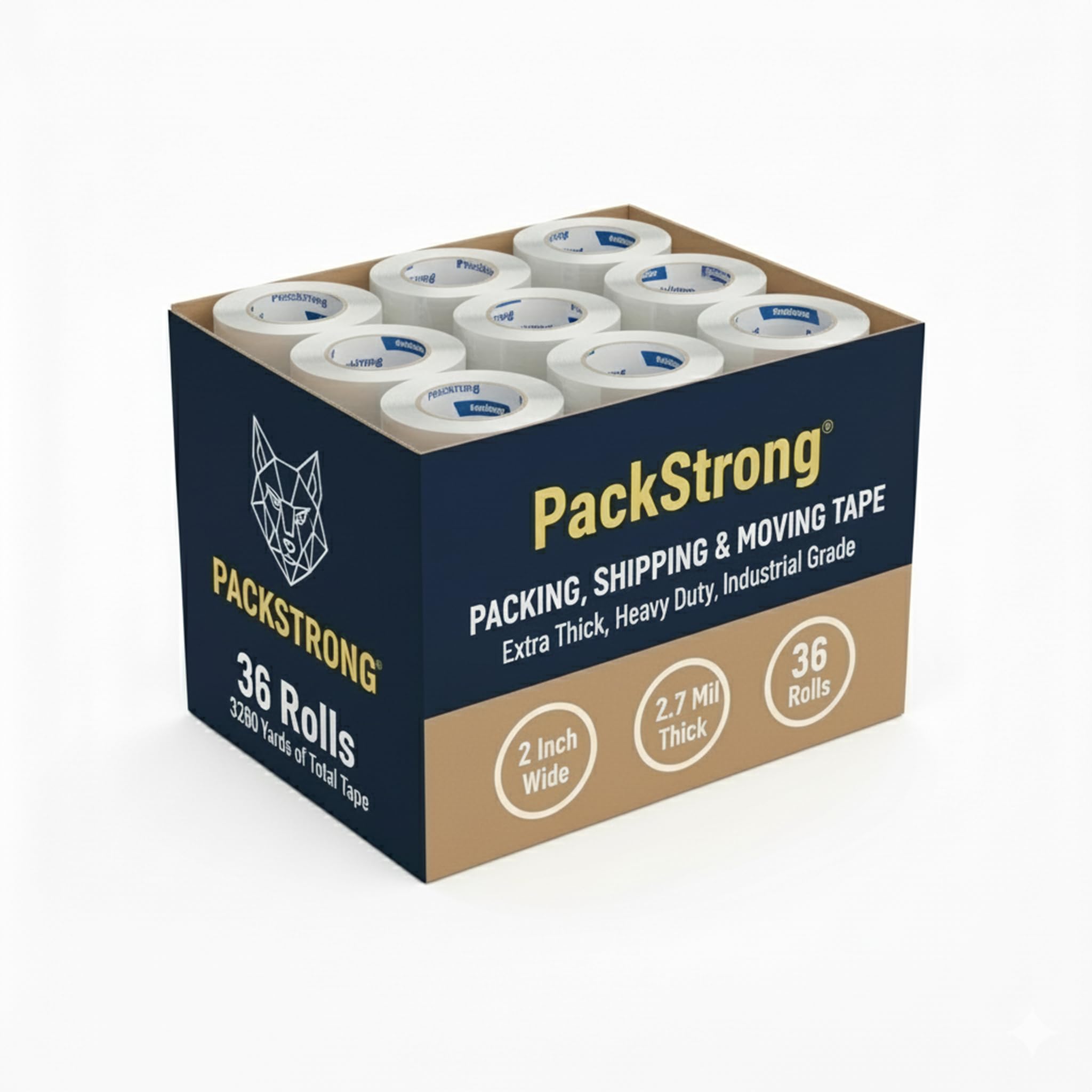 Packstrong front packaging showing full 36-roll bulk pack for cost savings