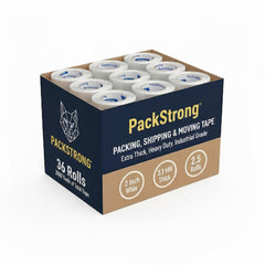Packstrong front packaging showing 36-roll bulk pack and clear tape benefit