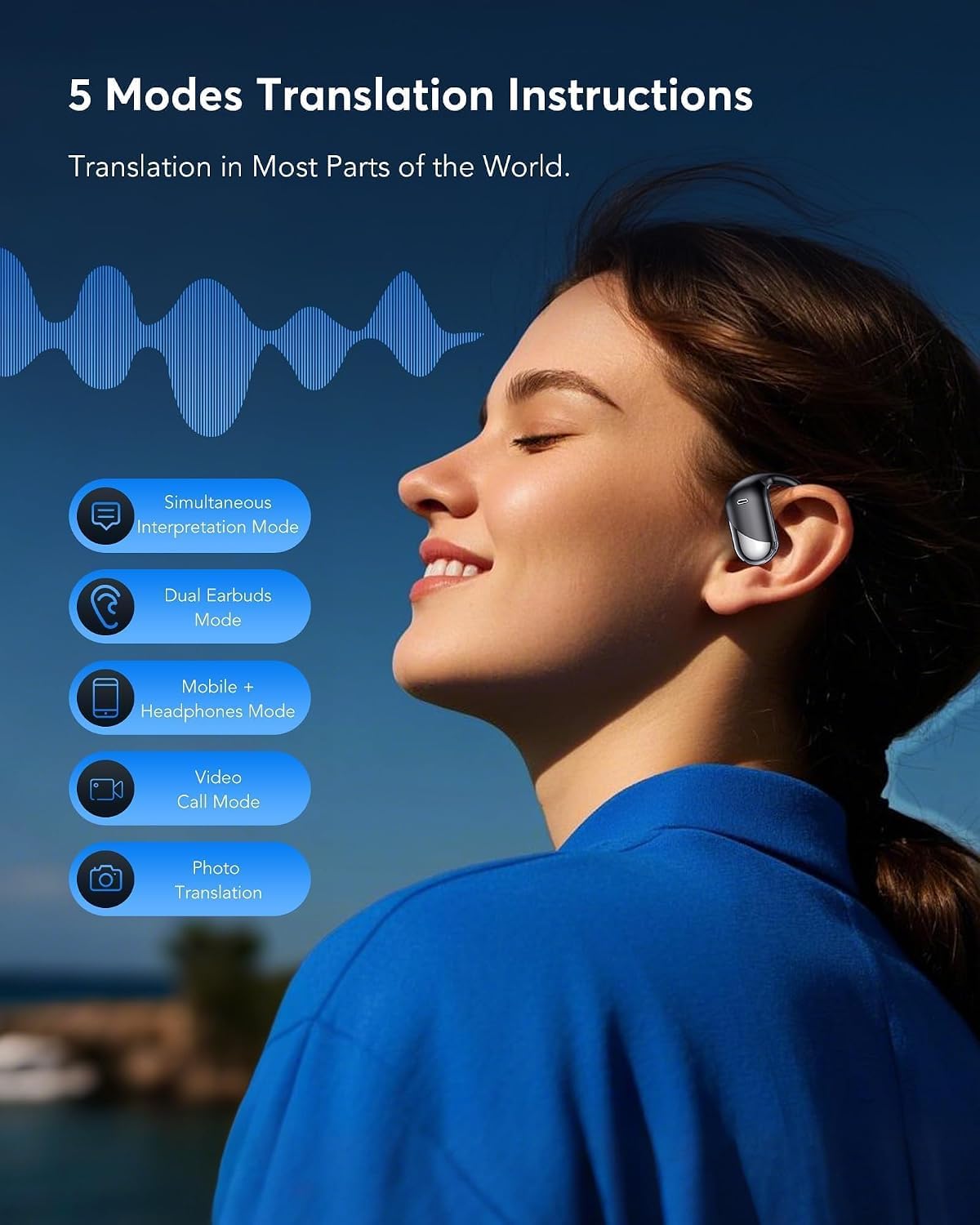 Paekole lifestyle travel scene with earbuds showing multilingual convenience
