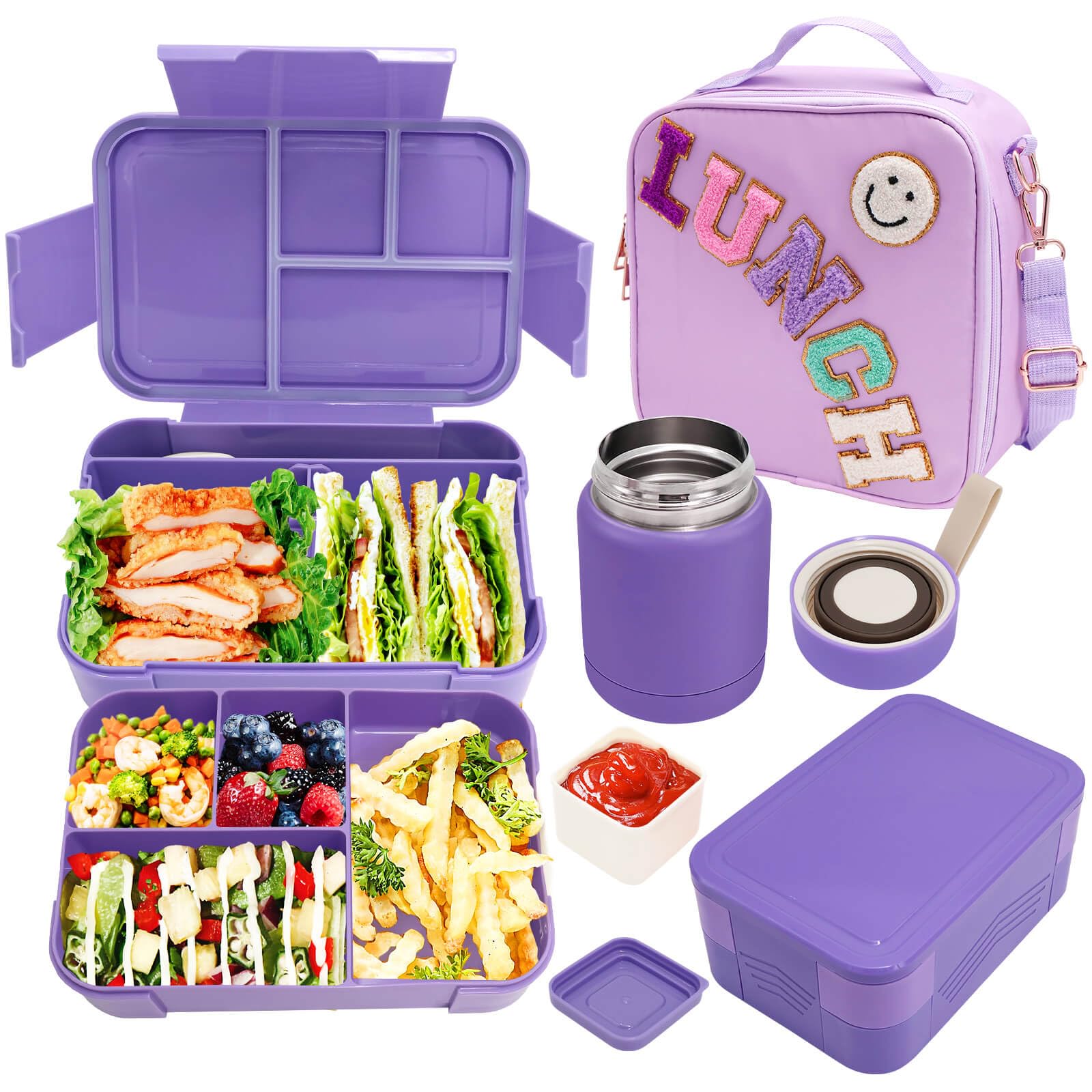 PainZieteg front view of purple lunch set showing coordinated components and easy packing
