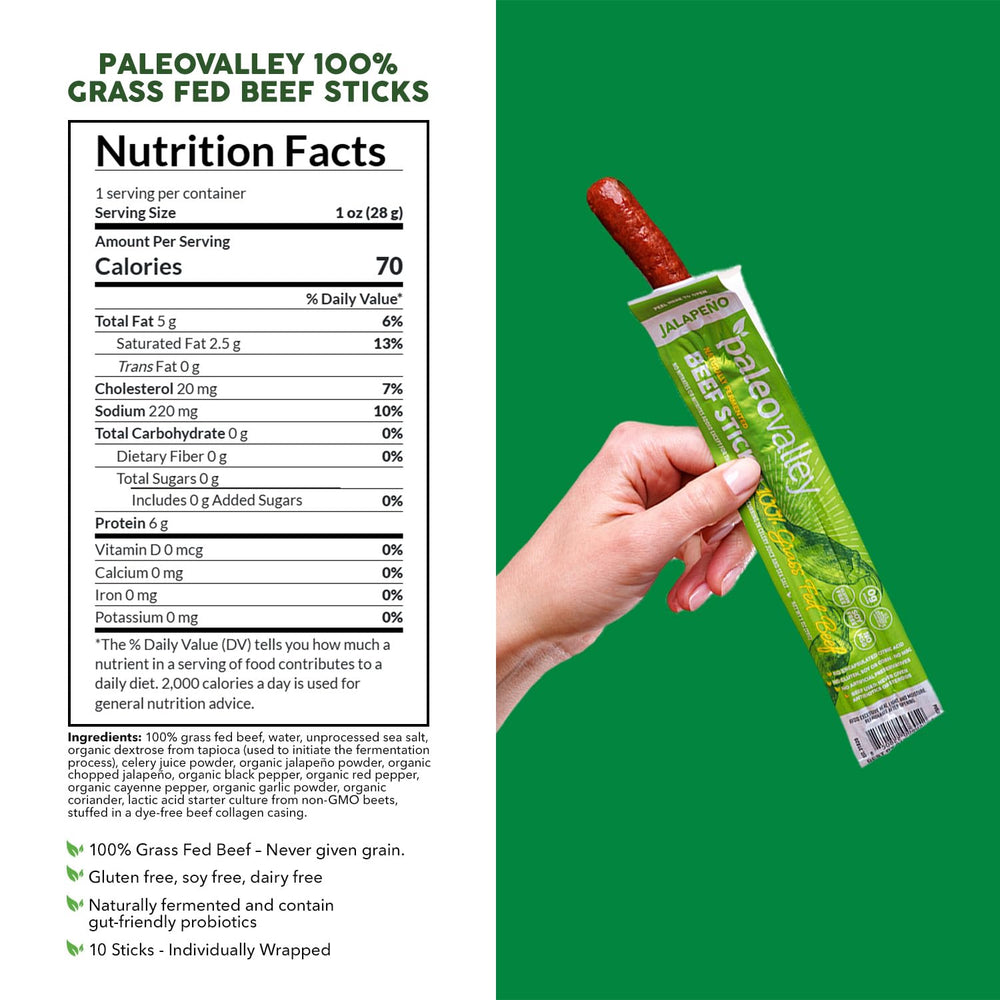 Paleovalley close-up of beef stick texture highlighting quality and protein-rich bite