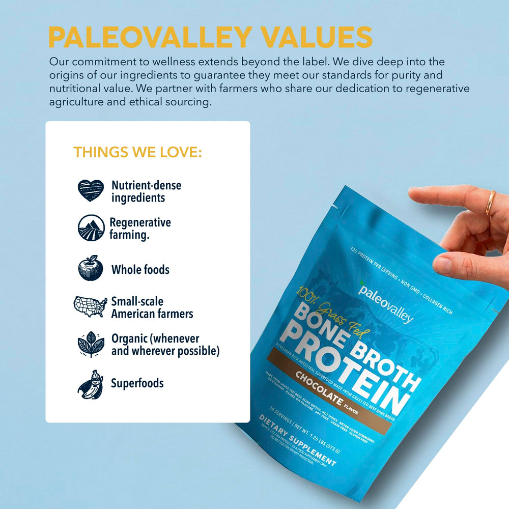 Paleovalley product label and nutrition facts showcasing transparent sourcing details