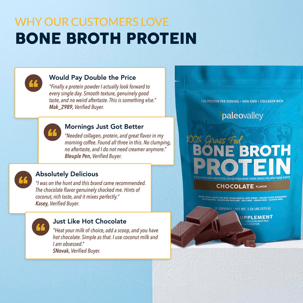 Paleovalley chocolate powder blended into smoothie offering added protein boost
