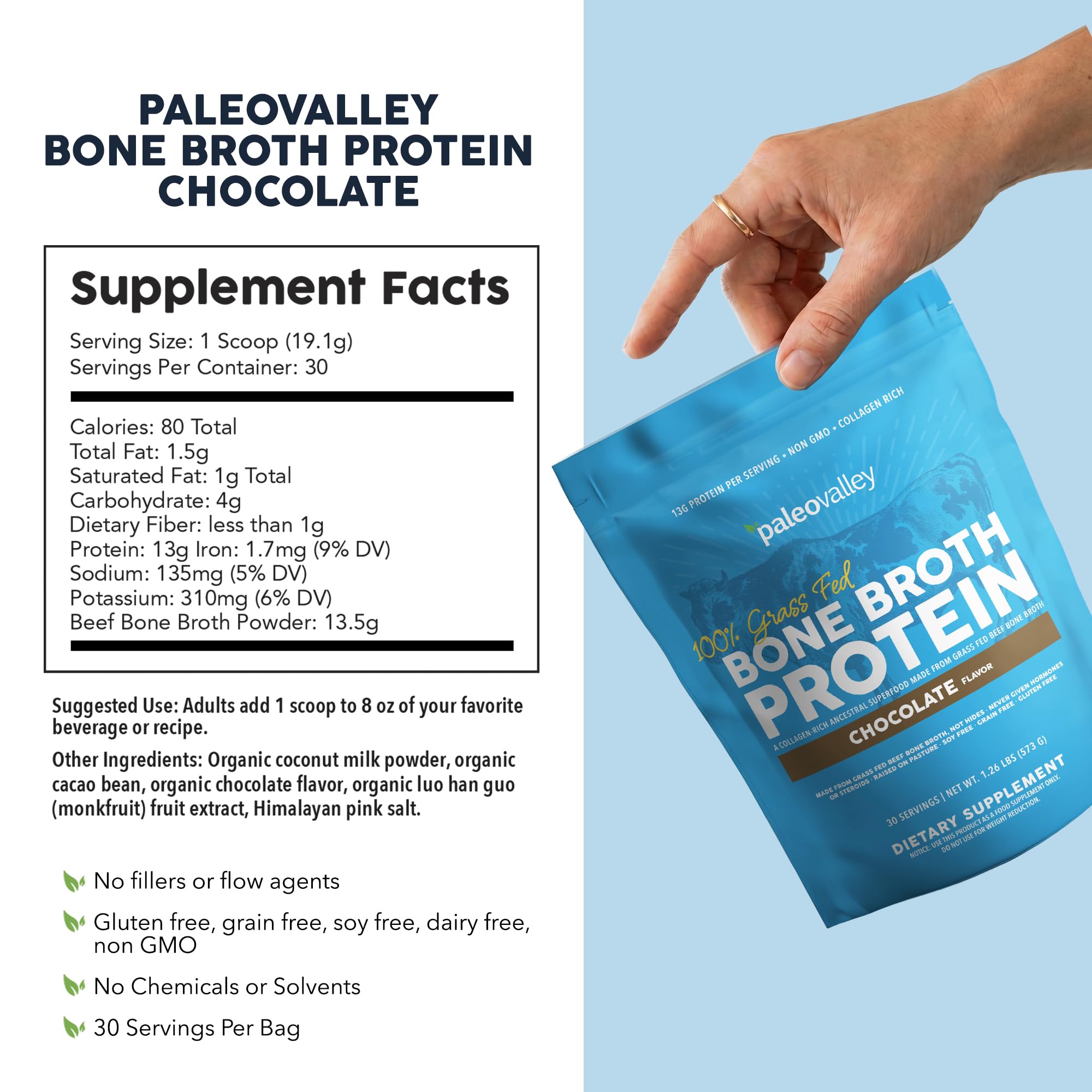 Paleovalley scoop of powder emphasizing measured servings for consistent nutrition