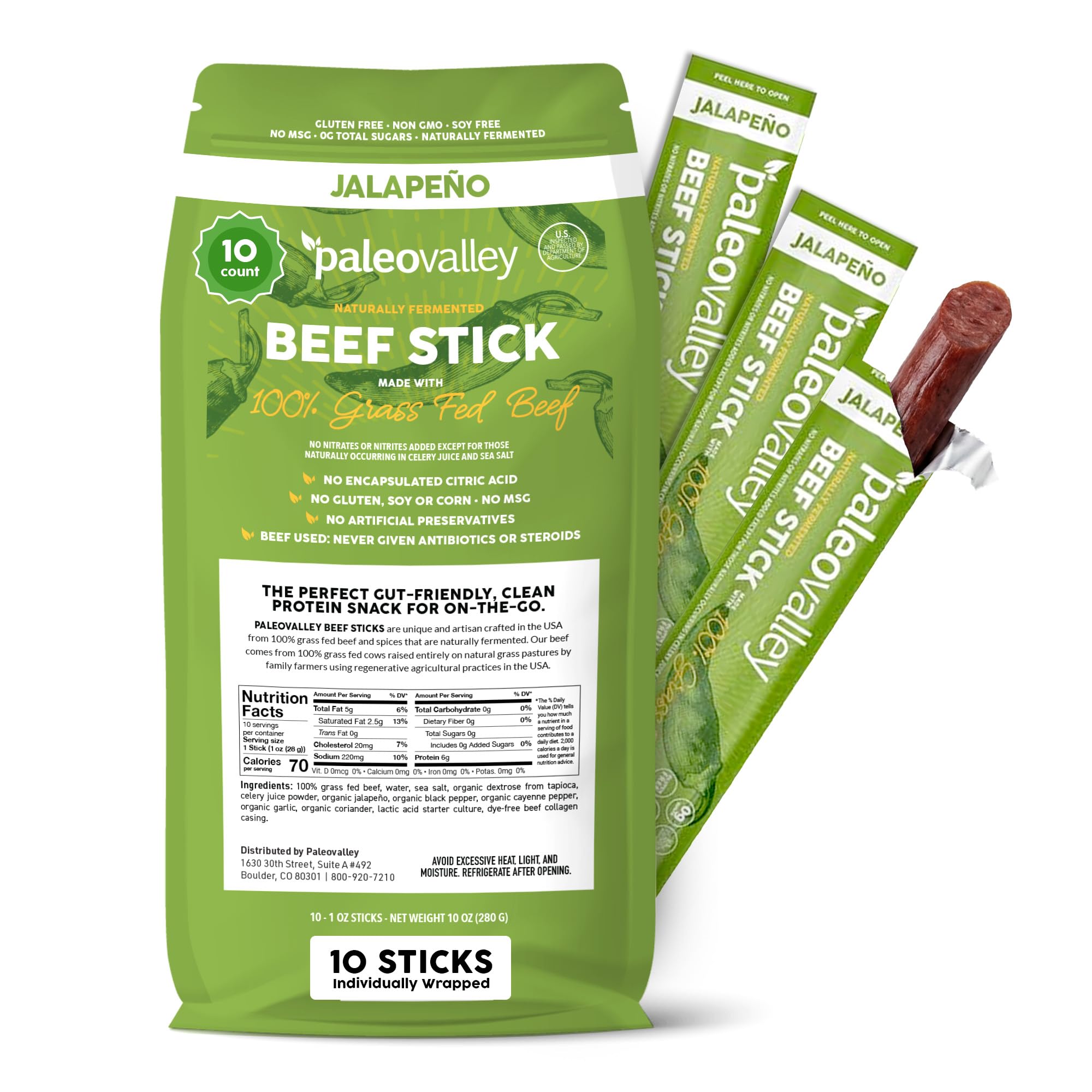 Paleovalley front packaging showing jalapeño beef sticks and branding benefit portability