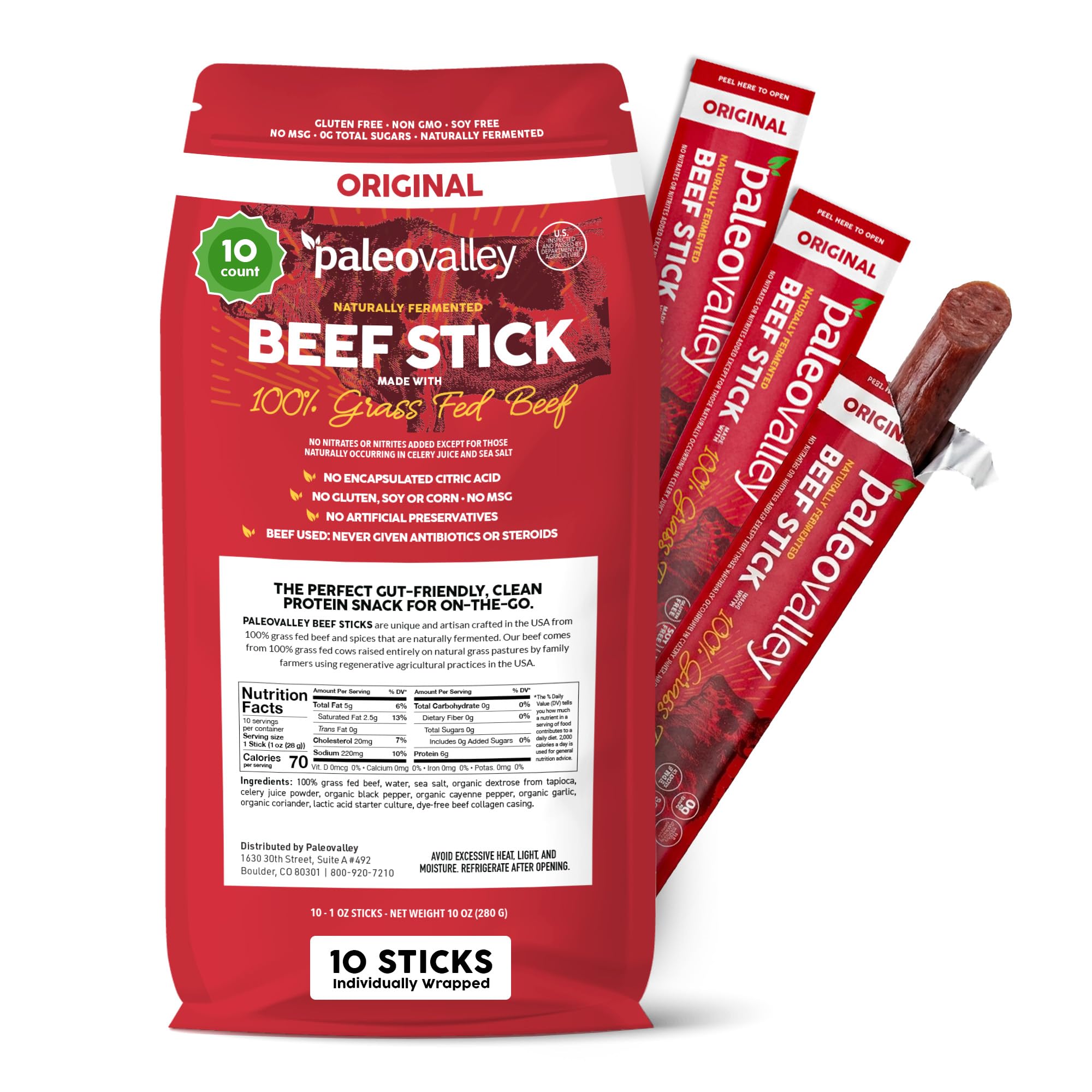 Paleovalley front packaging showing Original beef sticks and convenience
