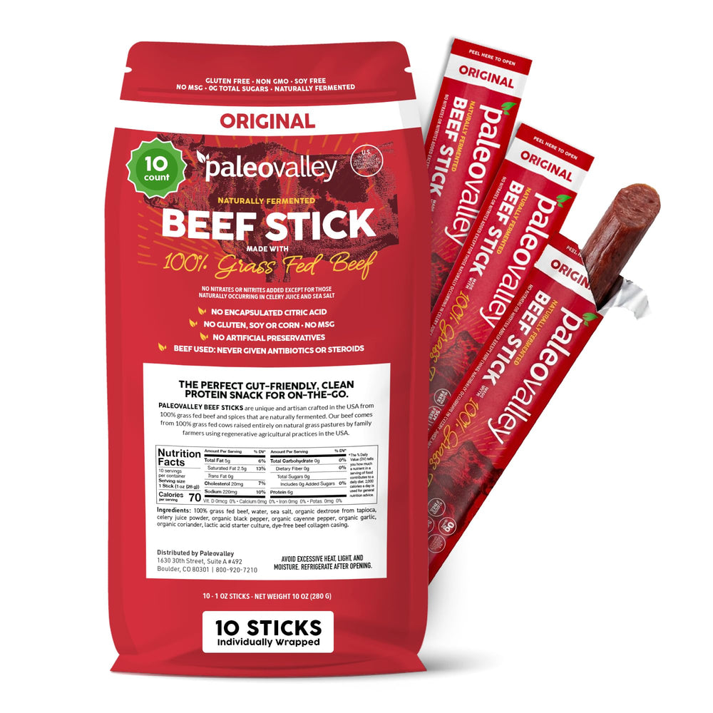 Paleovalley front packaging showing Original beef sticks and convenience