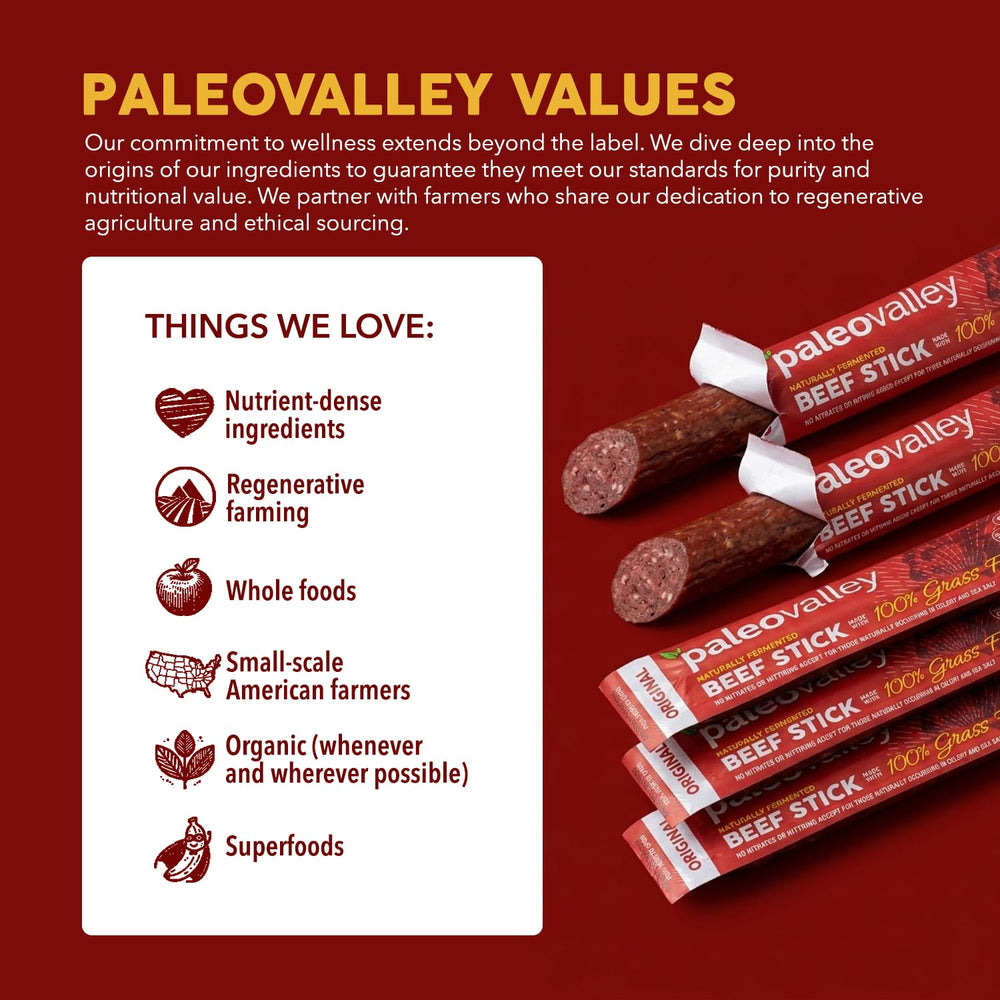Paleovalley open package displaying sticks indicating shelf-stable convenience