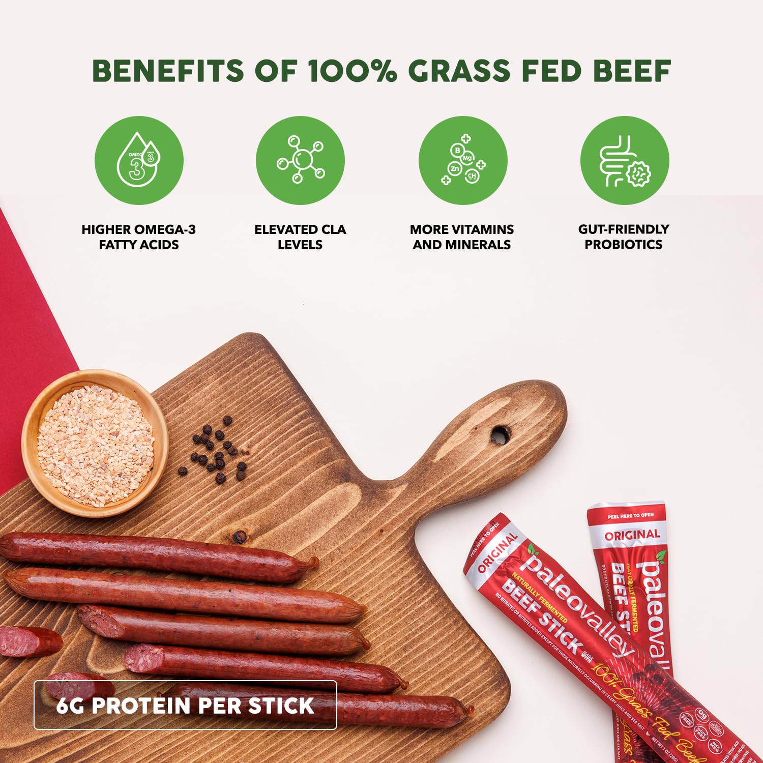 Paleovalley beef sticks arranged on wooden board showcasing portion size