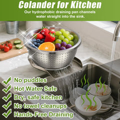 Palksky large colander draining hot pasta into sink demonstrating safer two-handed pouring