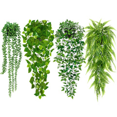 Palonu front view of four potted artificial hanging plants, quick decor upgrade