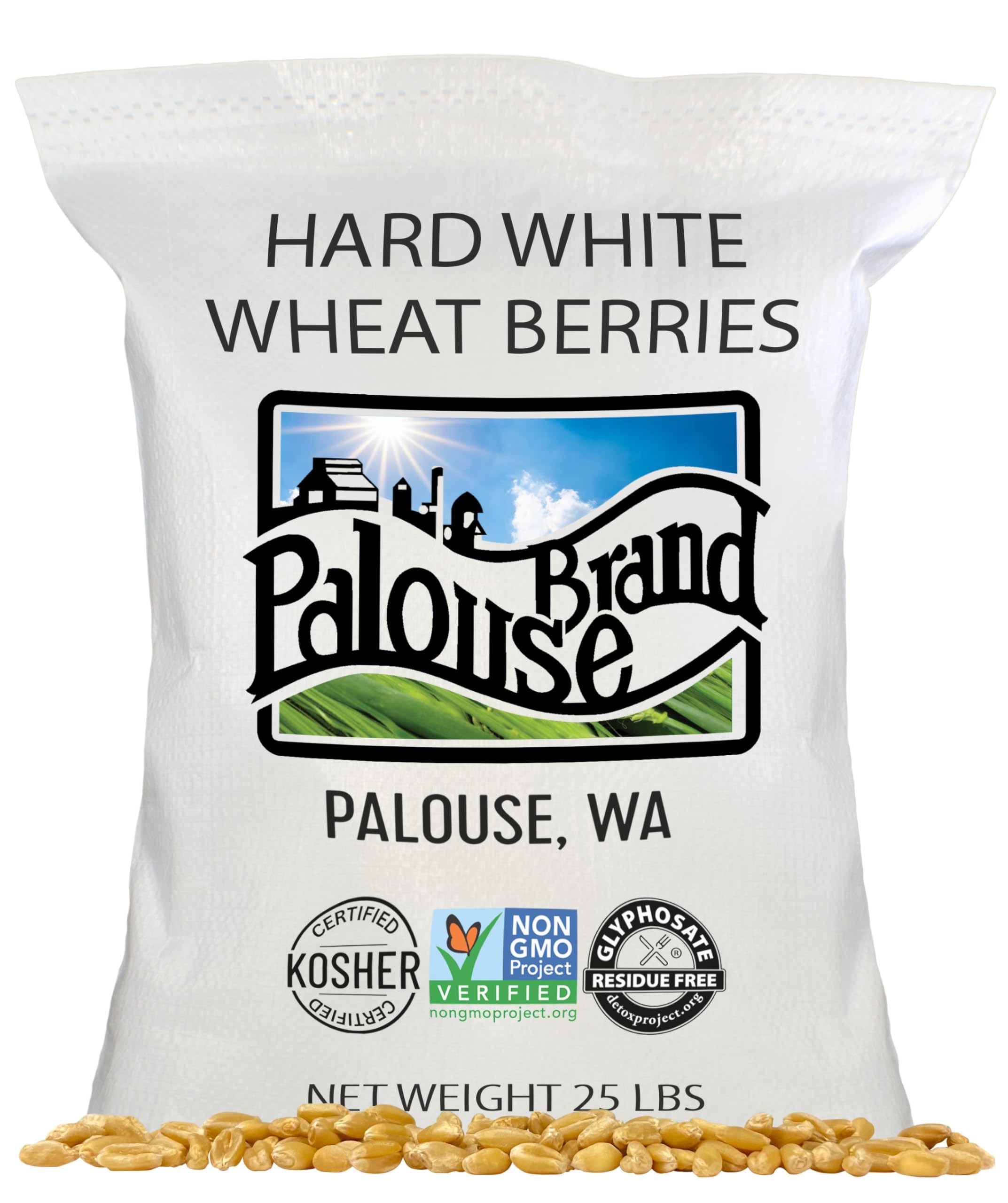 Palouse Brand front packaging showing 25 lb wheat and clear labeling benefit