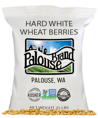 Palouse Brand front packaging showing 25 lb wheat and clear labeling benefit