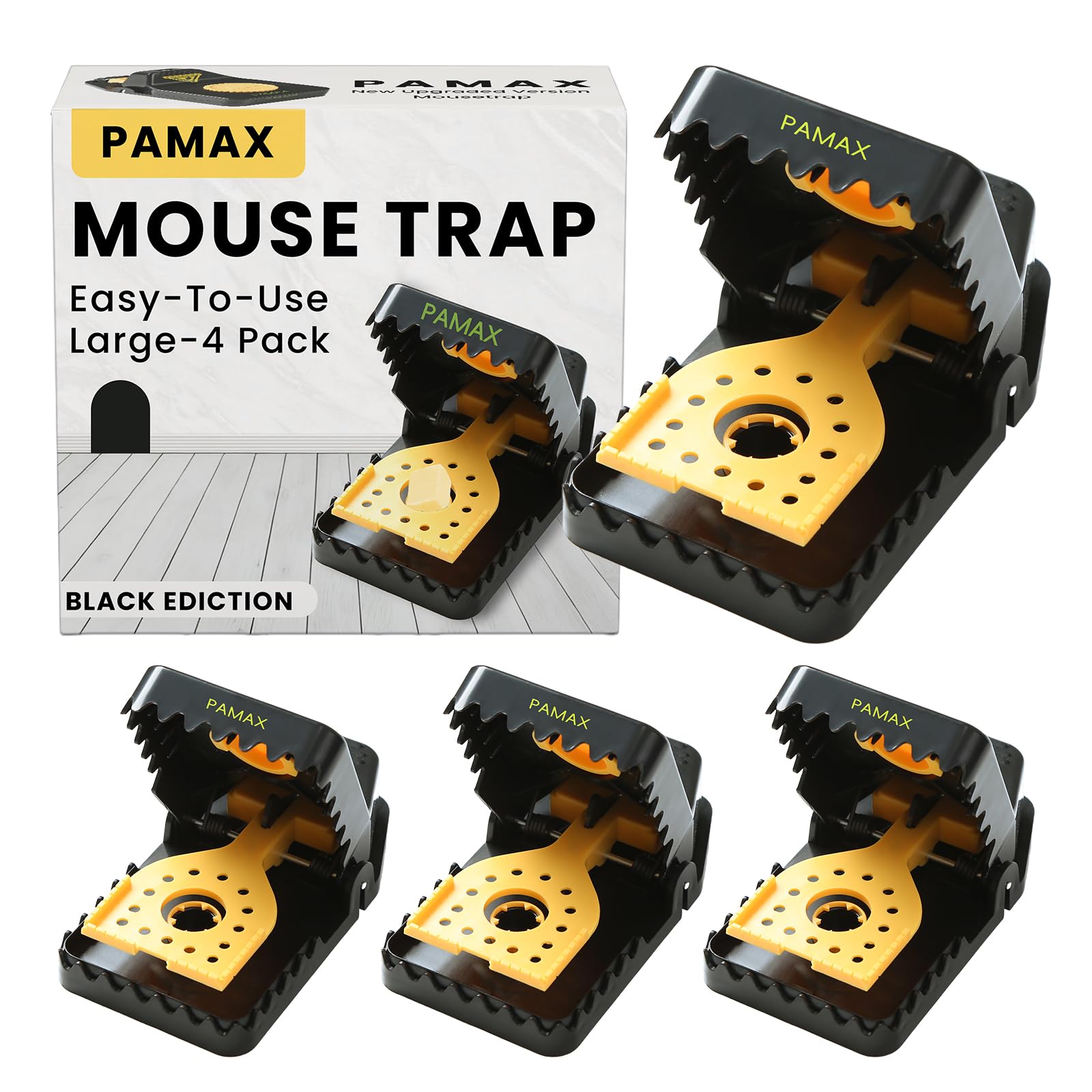 PAMAX front packaging showing 4-pack trap, clear benefit quick setup
