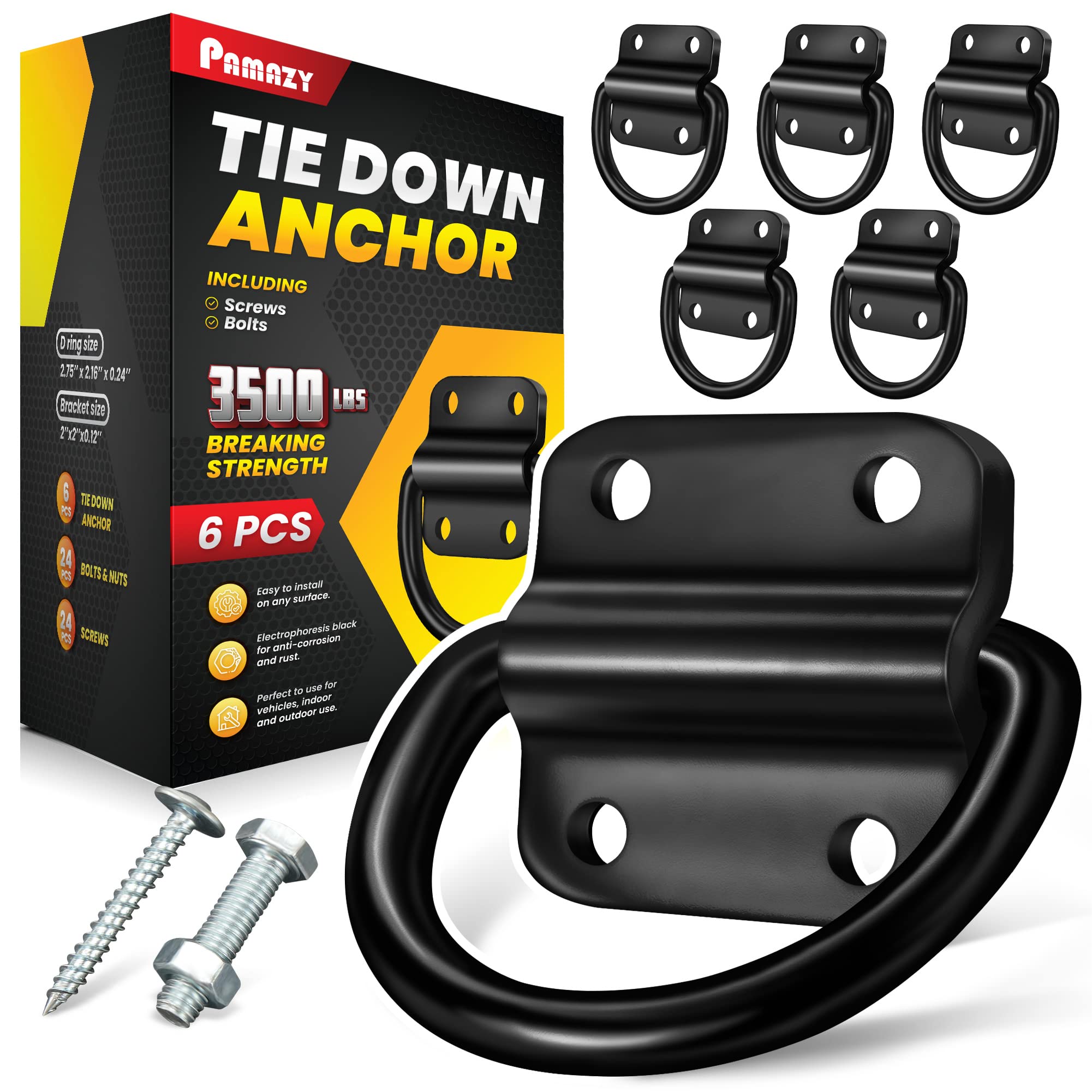 PAMAZY front packaging showing six D-ring anchors and included fasteners for quick installation