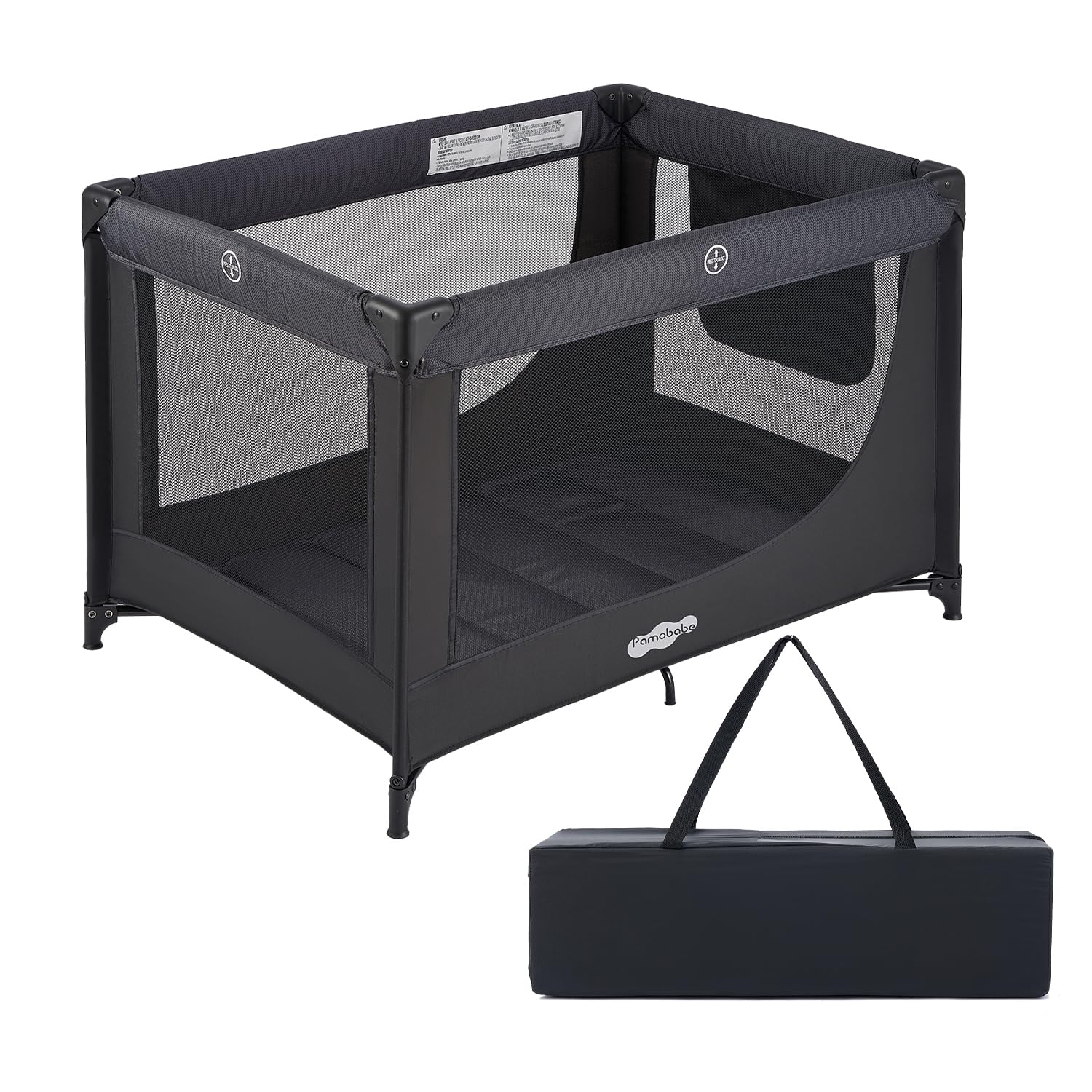 Pamo Babe front view of black playard showing modern design and portability benefit