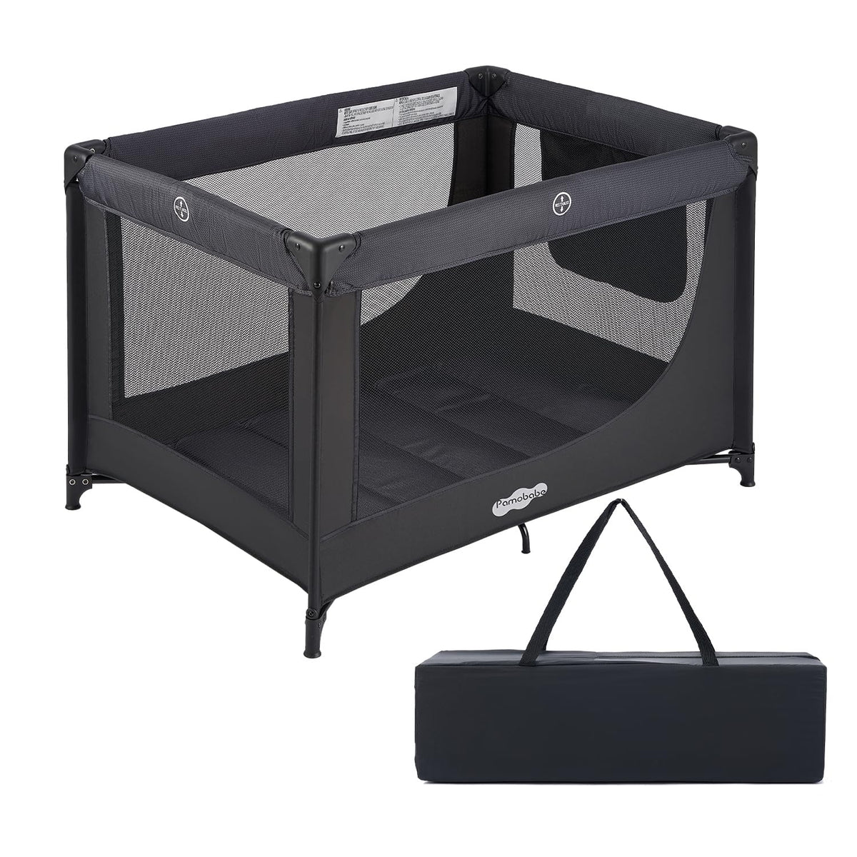 Pamo Babe front view of black playard showing modern design and portability benefit