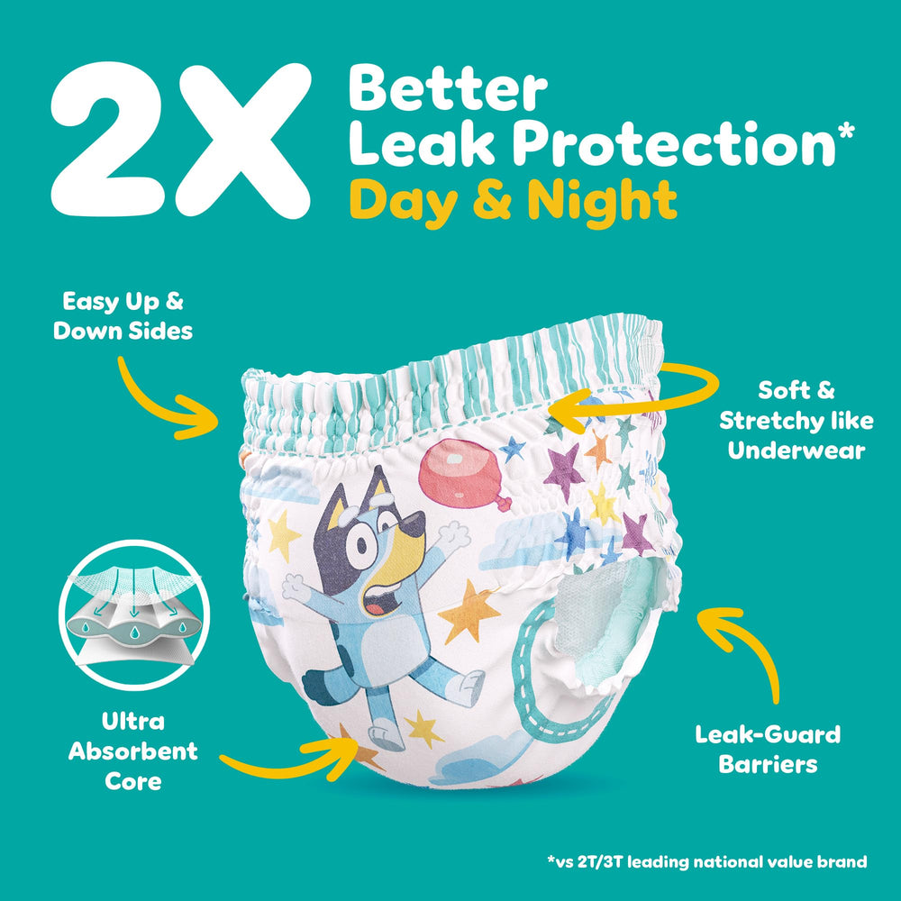 Pampers Easy Ups Bluey print close-up motivates toddlers to pull up