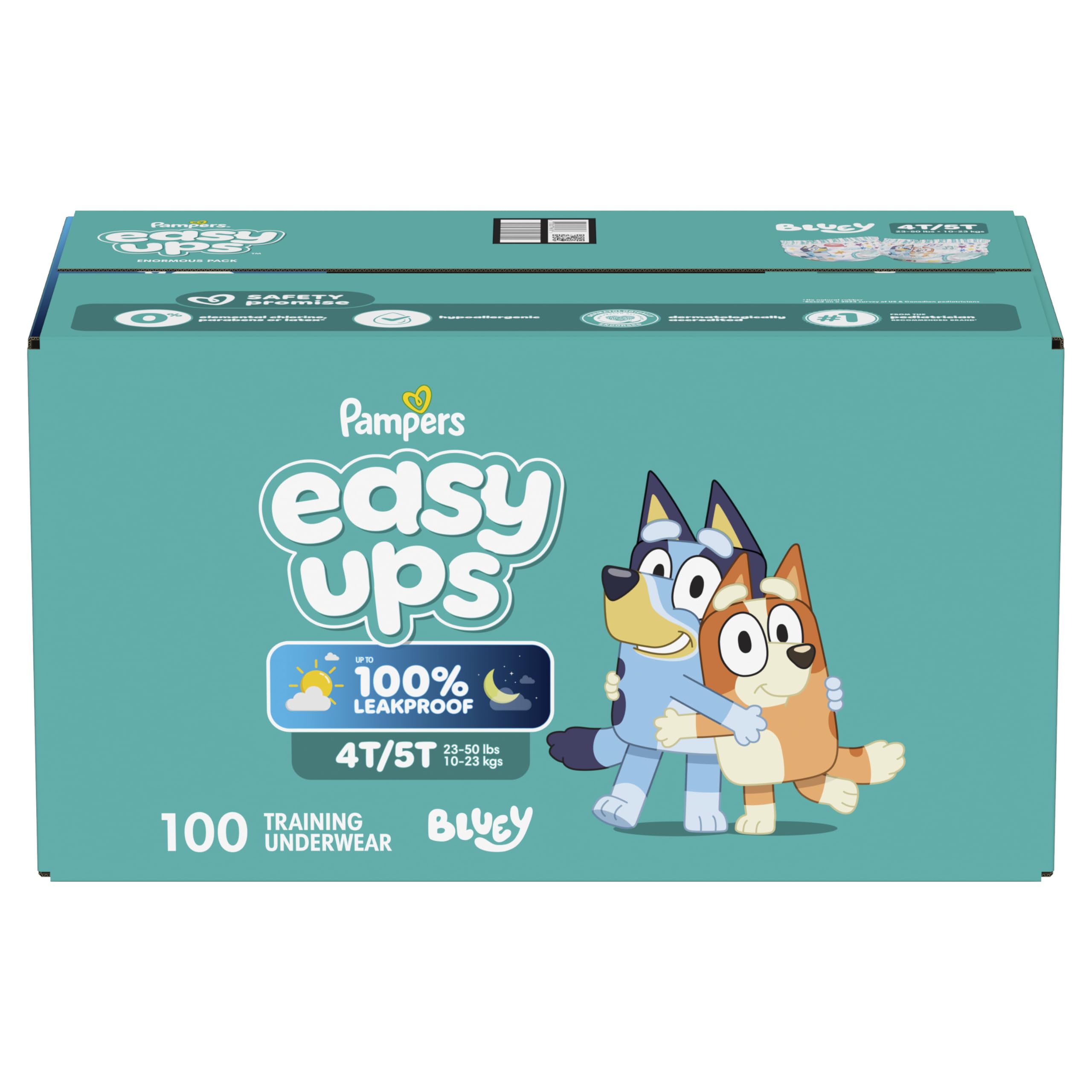Pampers Easy Ups package label and 100 count display for quantity clarity