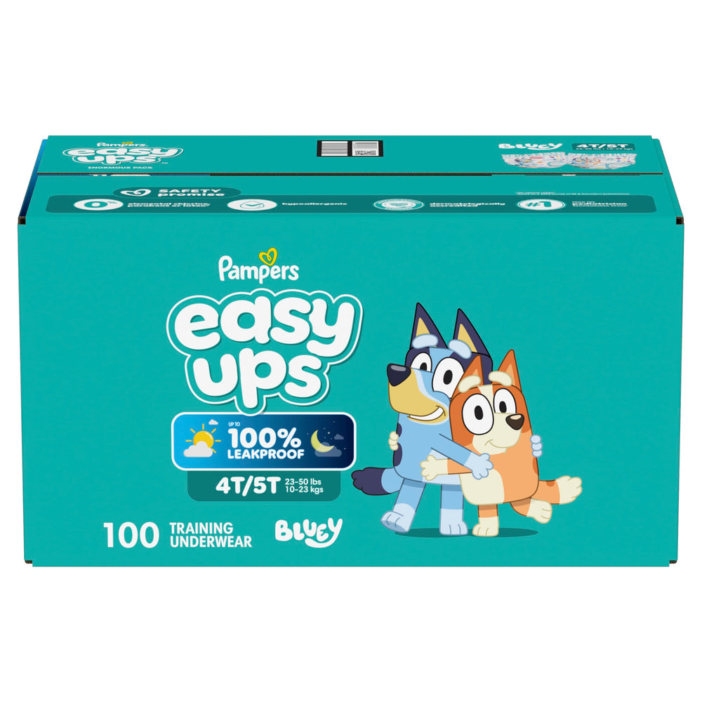 Pampers Easy Ups package label and 100 count display for quantity clarity