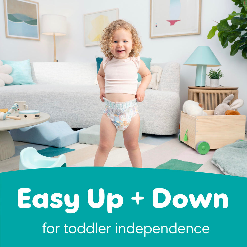 Pampers Easy Ups demonstrated on toddler pulling up to encourage independence