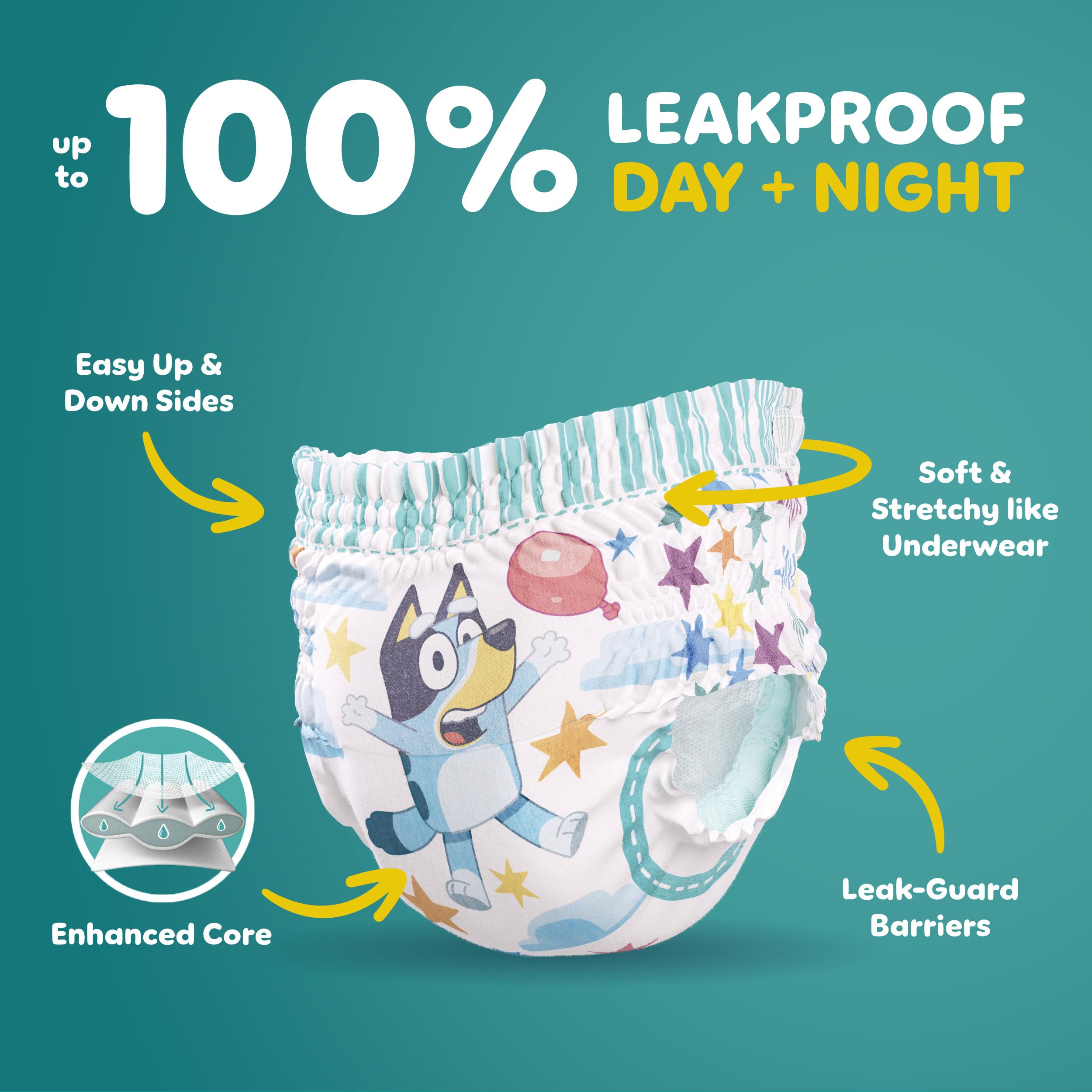 Pampers Easy Ups elastic 360° waistband showing easy pull-up benefit
