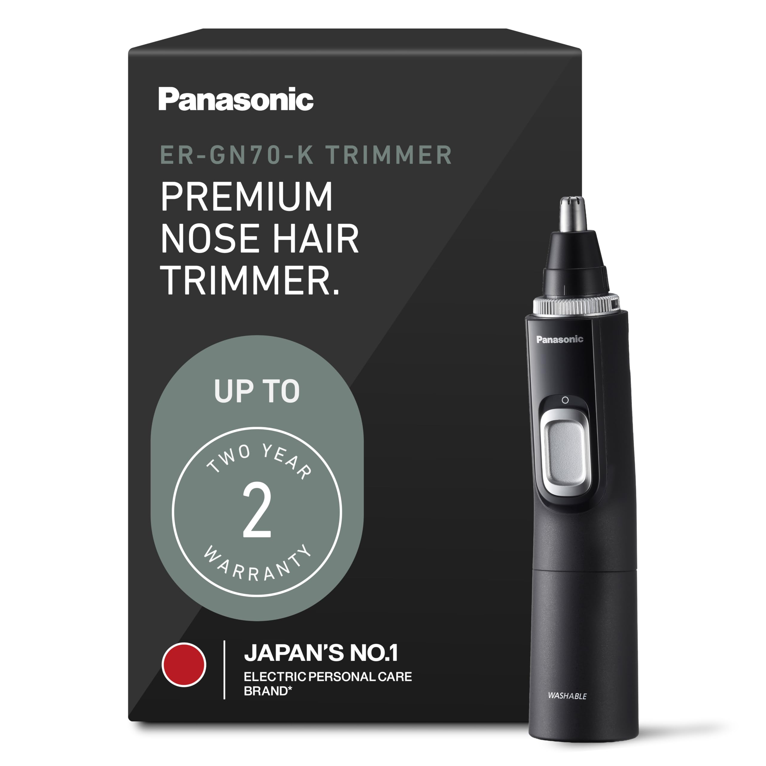 Panasonic ER-GN70-K front view showing slim grooming head and vacuum benefit