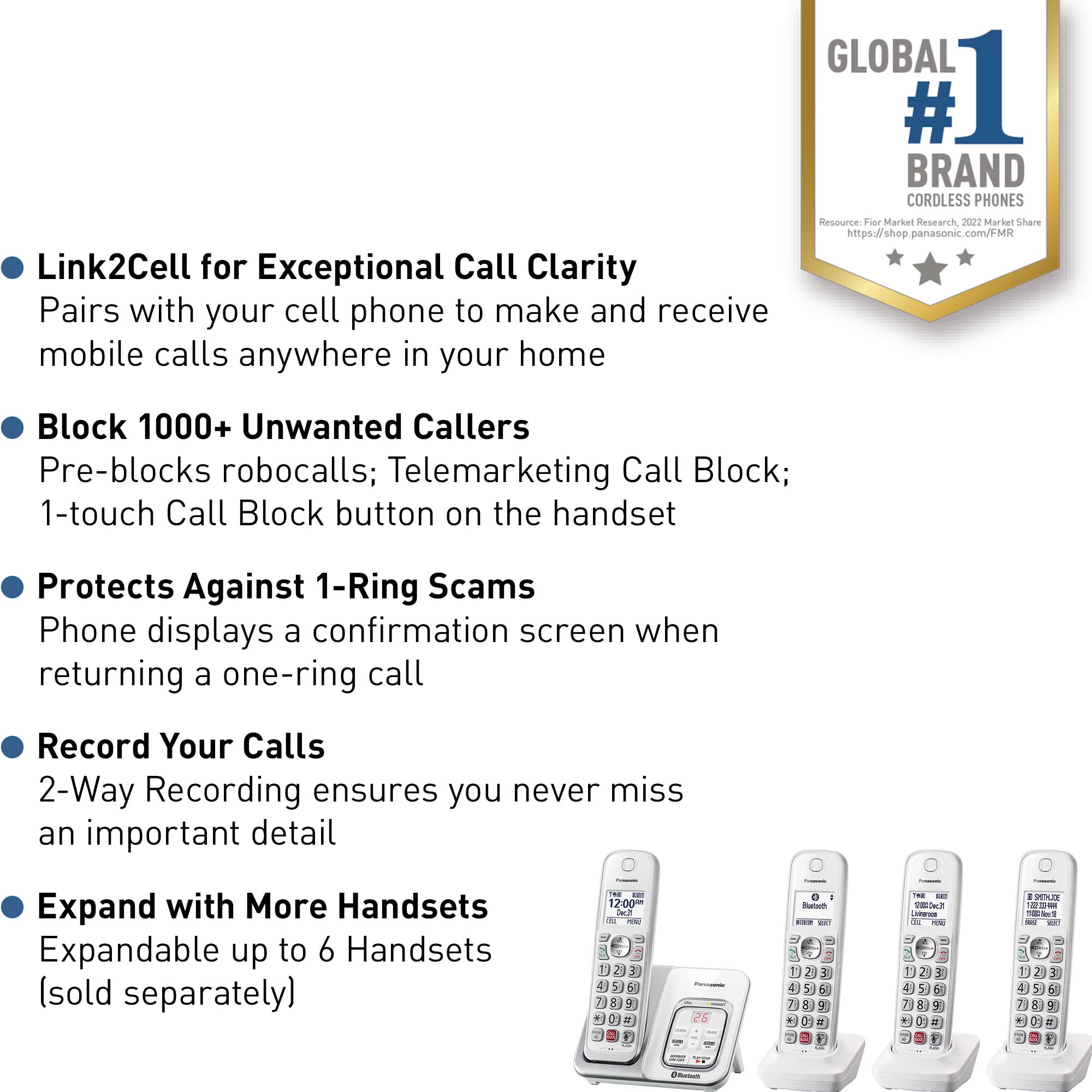Panasonic base unit closeup highlighting Bluetooth Link2Cell connectivity and charging ports