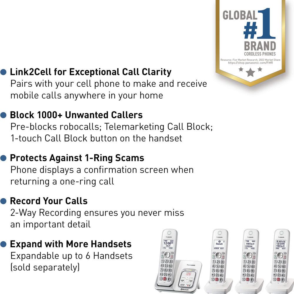 Panasonic base unit closeup highlighting Bluetooth Link2Cell connectivity and charging ports