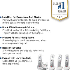 Panasonic base unit closeup highlighting Bluetooth Link2Cell connectivity and charging ports