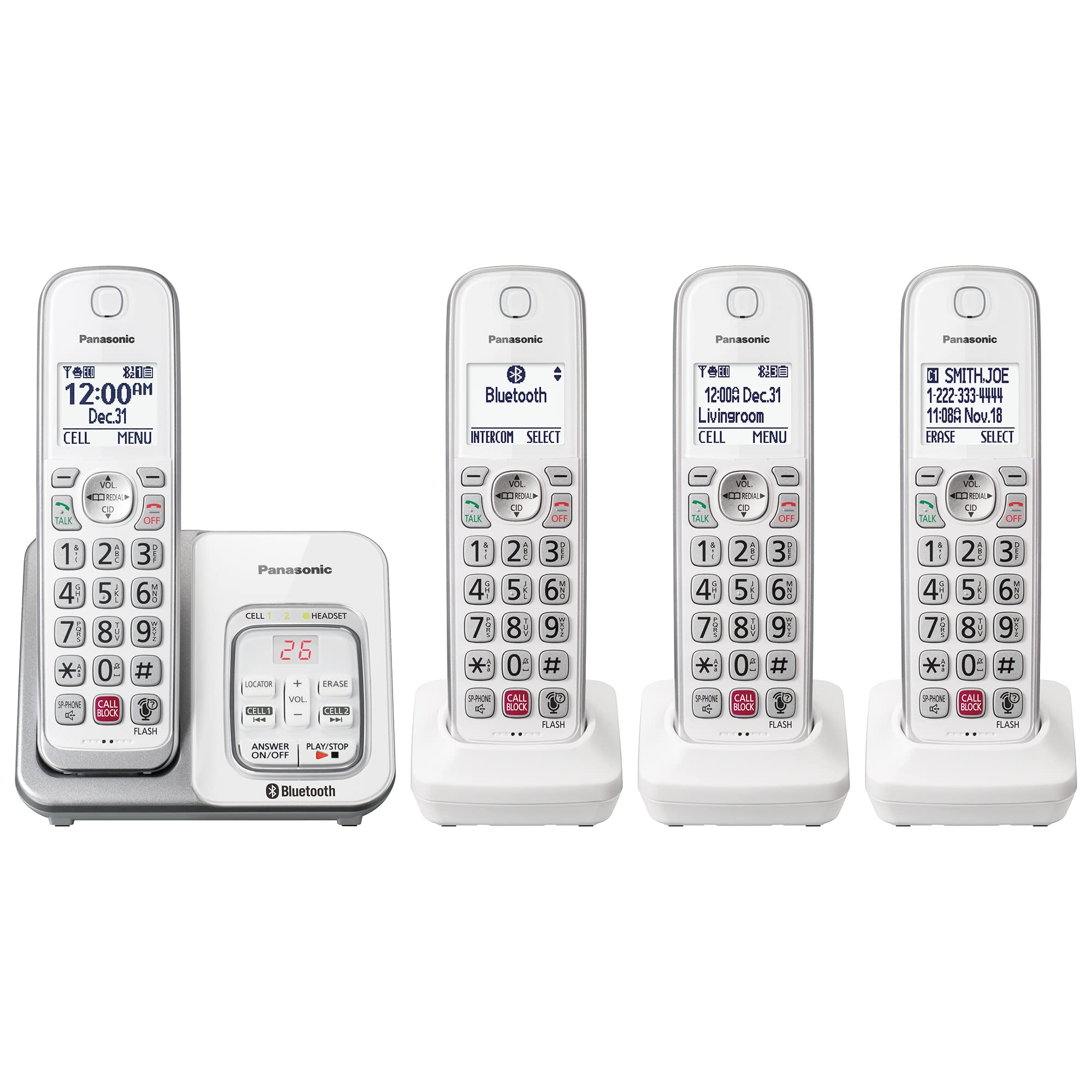Panasonic KX-TGD864W front view showing four handsets and base for multi-room convenience